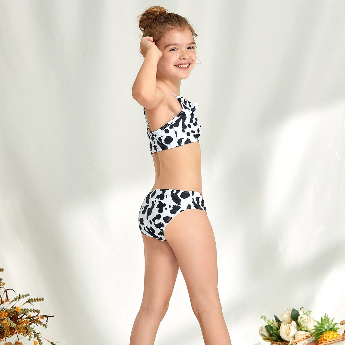 (image for) Girls Cow‑Print Bandeau Two‑Piece Bikini Swimsuit Sleeveless Cami Kids Bathing Suit 130‑160