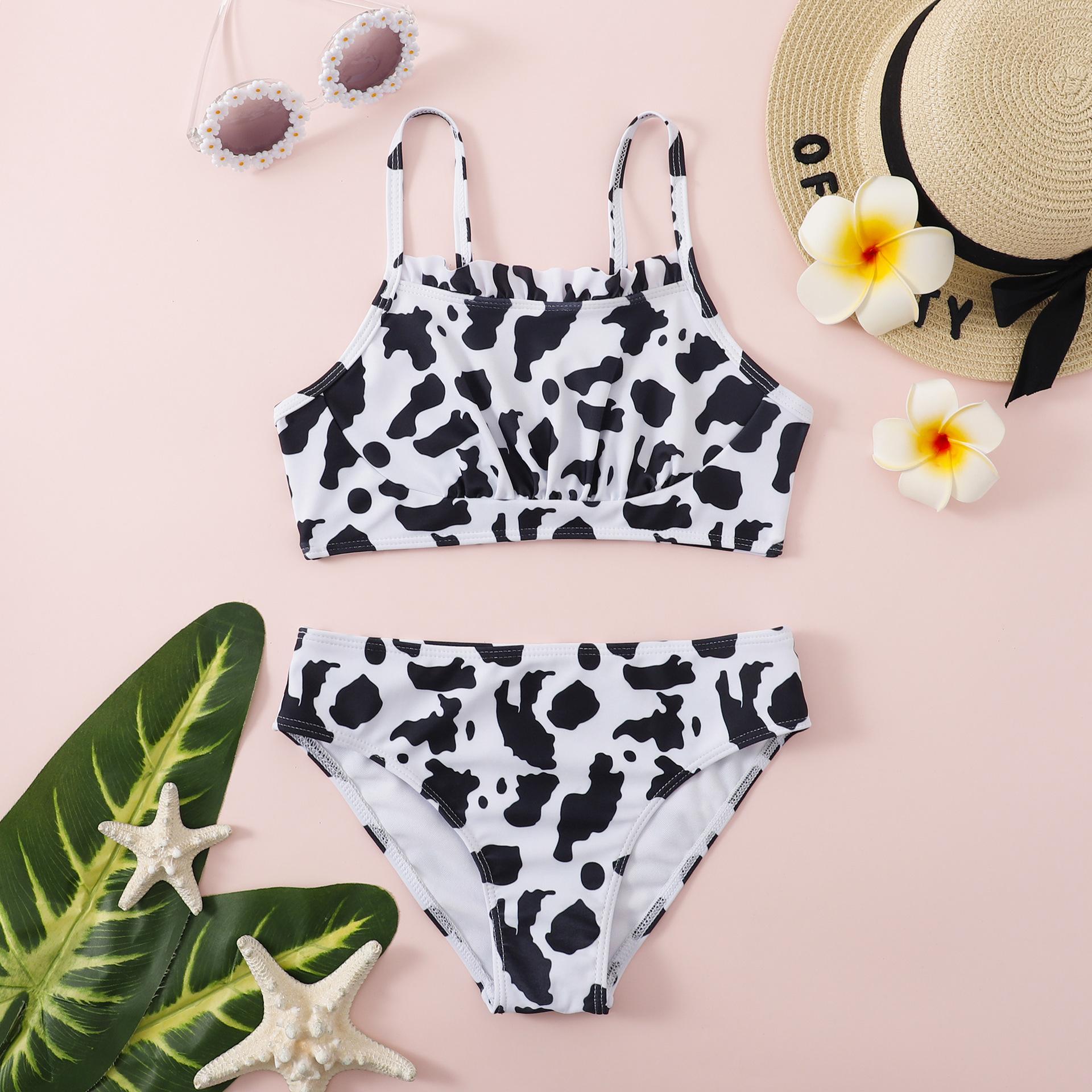 (image for) Girls Cow‑Print Bandeau Two‑Piece Bikini Swimsuit Sleeveless Cami Kids Bathing Suit 130‑160