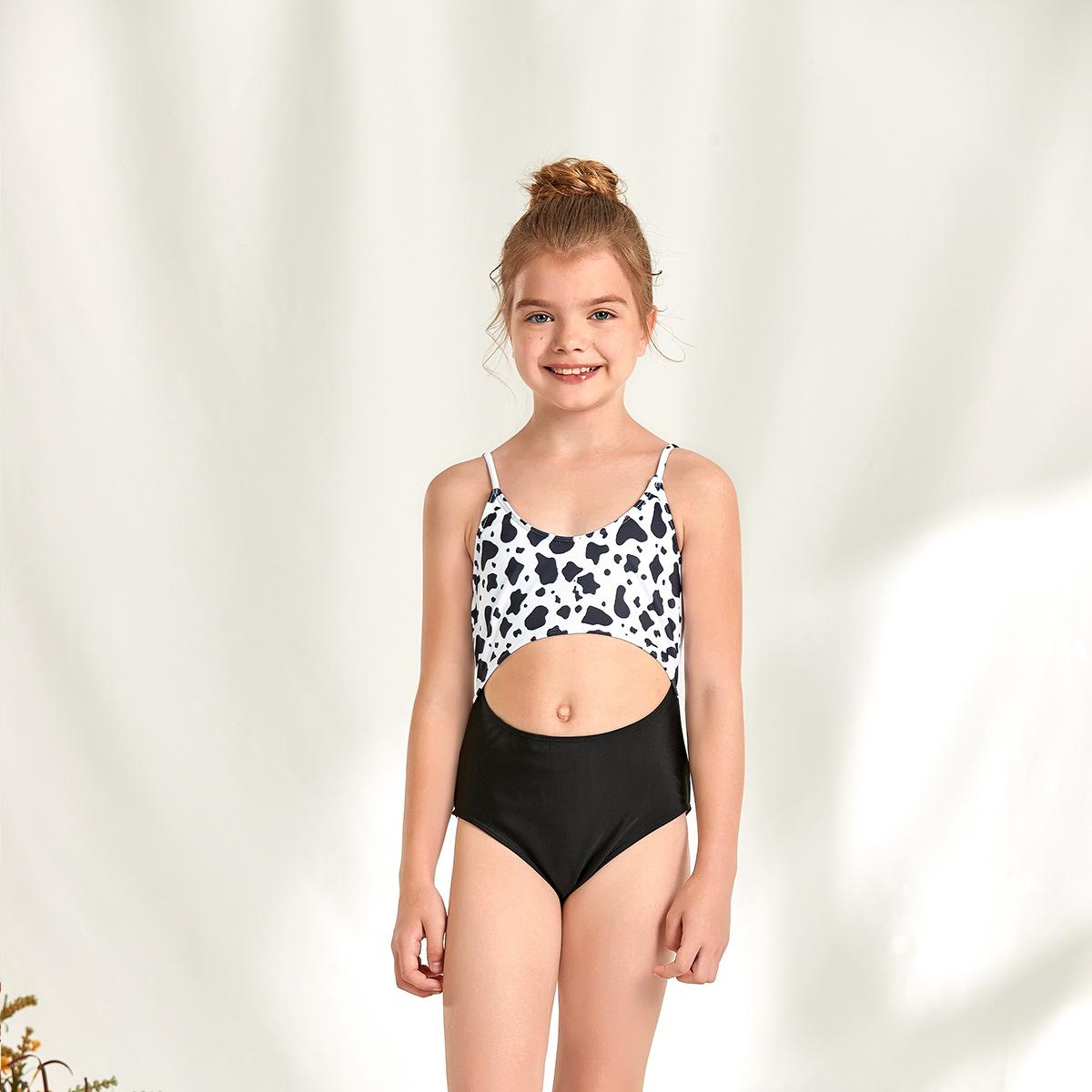 (image for) Girls Cow‑Print Cutout One‑Piece Swimsuit Spaghetti Strap Kids Monokini Bathing Suit 130‑160