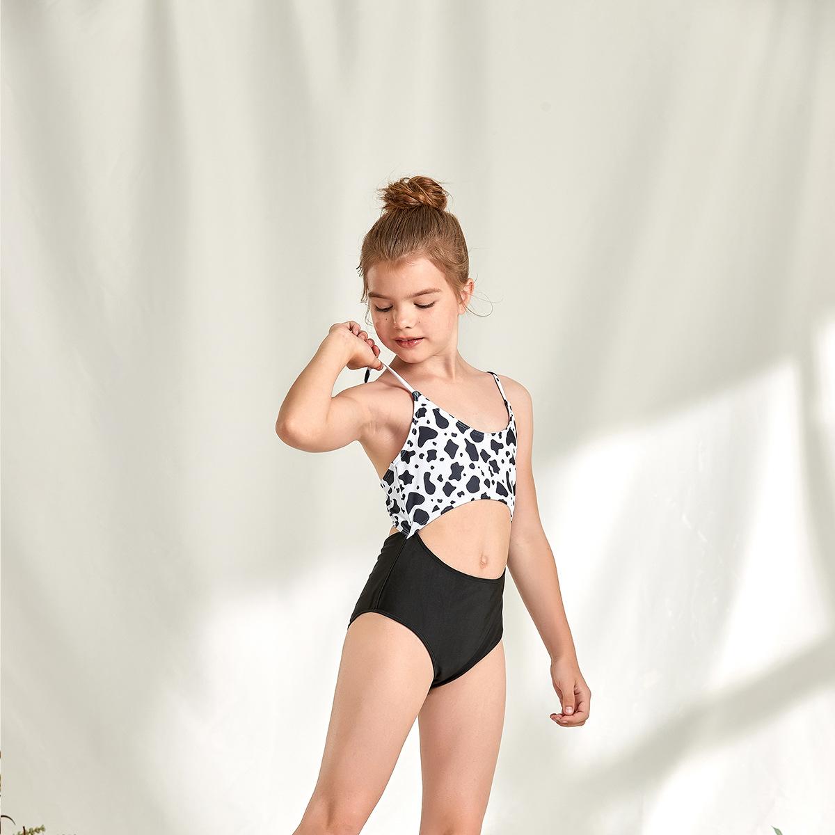 (image for) Girls Cow‑Print Cutout One‑Piece Swimsuit Spaghetti Strap Kids Monokini Bathing Suit 130‑160