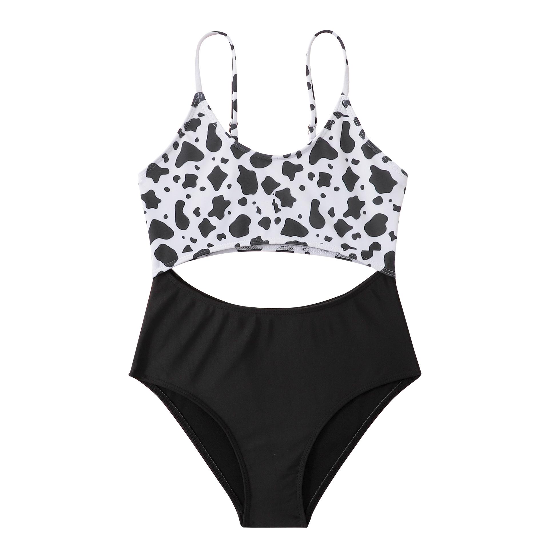 (image for) Girls Cow‑Print Cutout One‑Piece Swimsuit Spaghetti Strap Kids Monokini Bathing Suit 130‑160