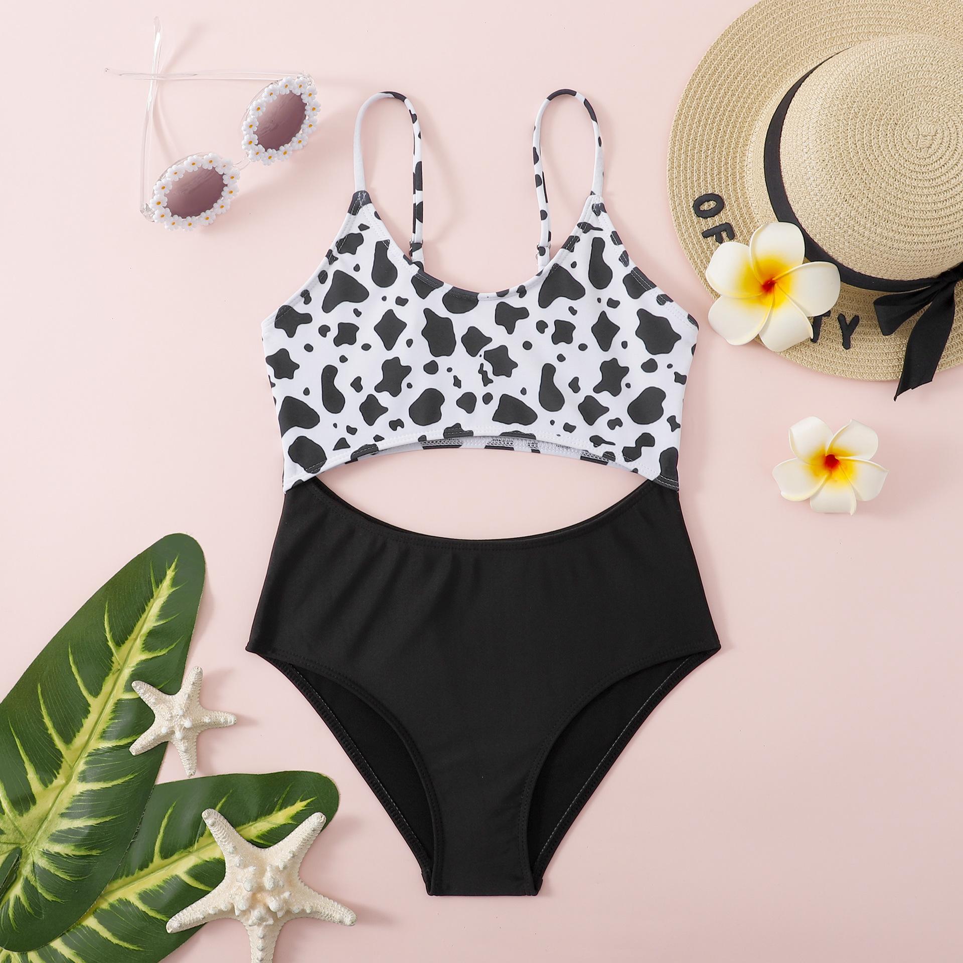(image for) Girls Cow‑Print Cutout One‑Piece Swimsuit Spaghetti Strap Kids Monokini Bathing Suit 130‑160