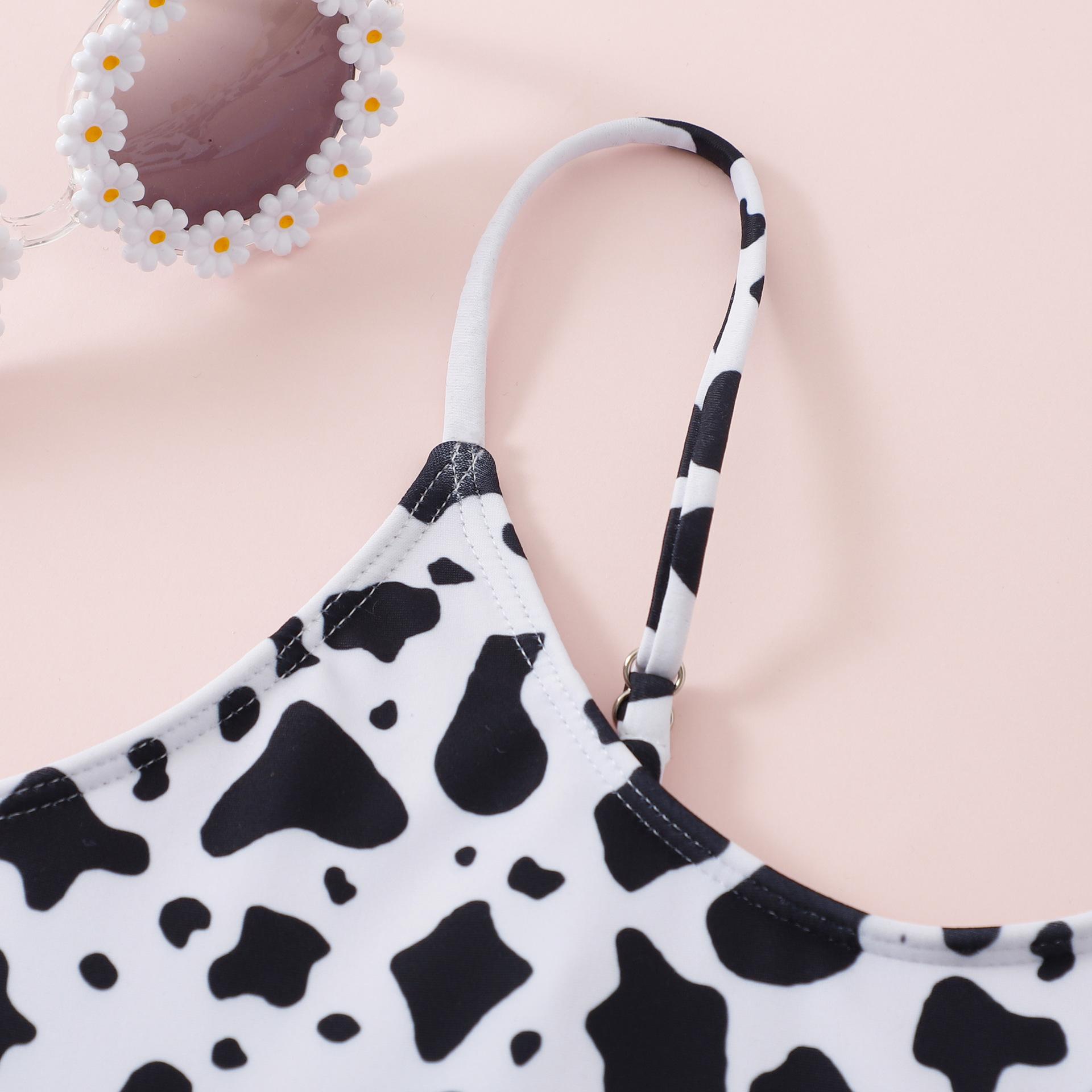 (image for) Girls Cow‑Print Cutout One‑Piece Swimsuit Spaghetti Strap Kids Monokini Bathing Suit 130‑160