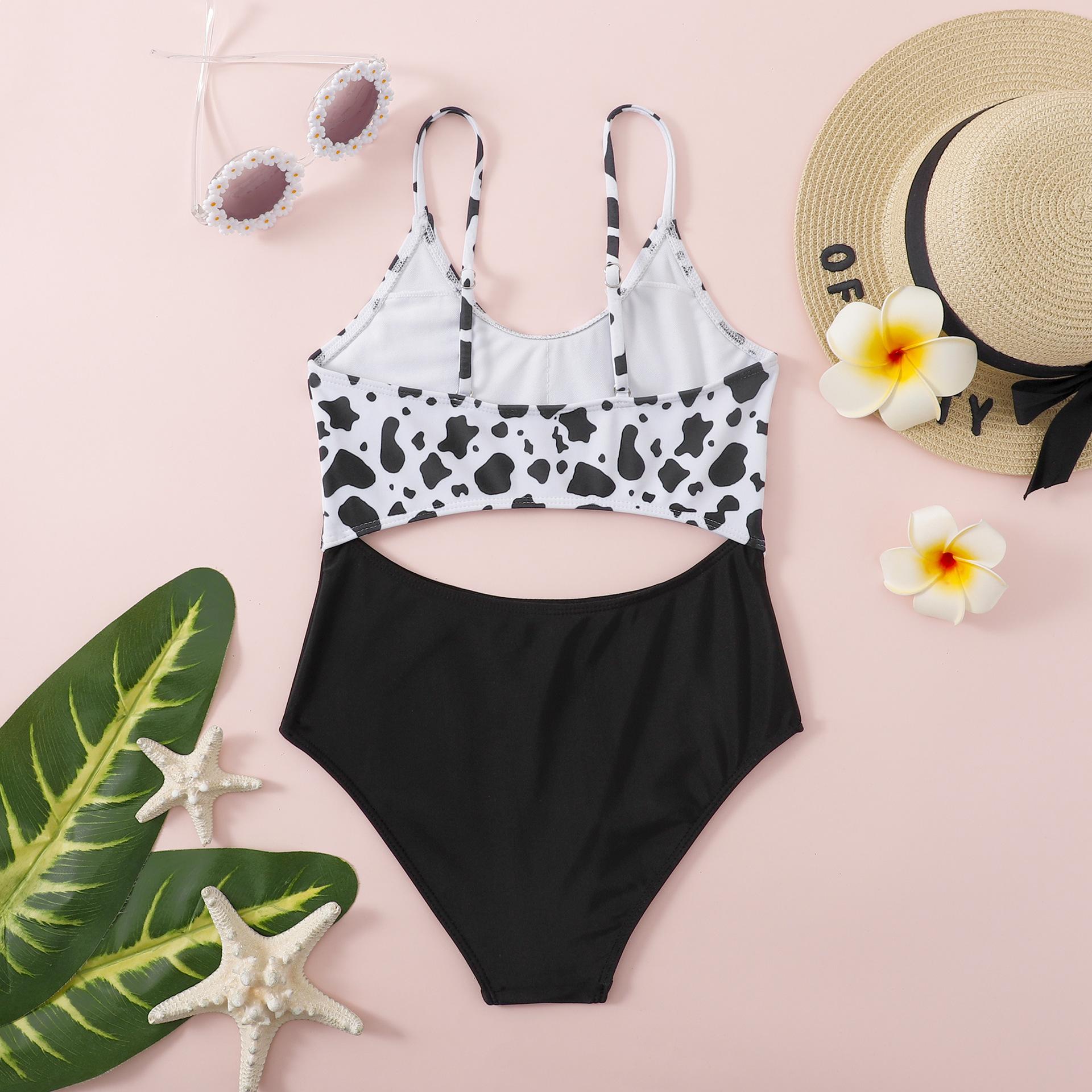 (image for) Girls Cow‑Print Cutout One‑Piece Swimsuit Spaghetti Strap Kids Monokini Bathing Suit 130‑160