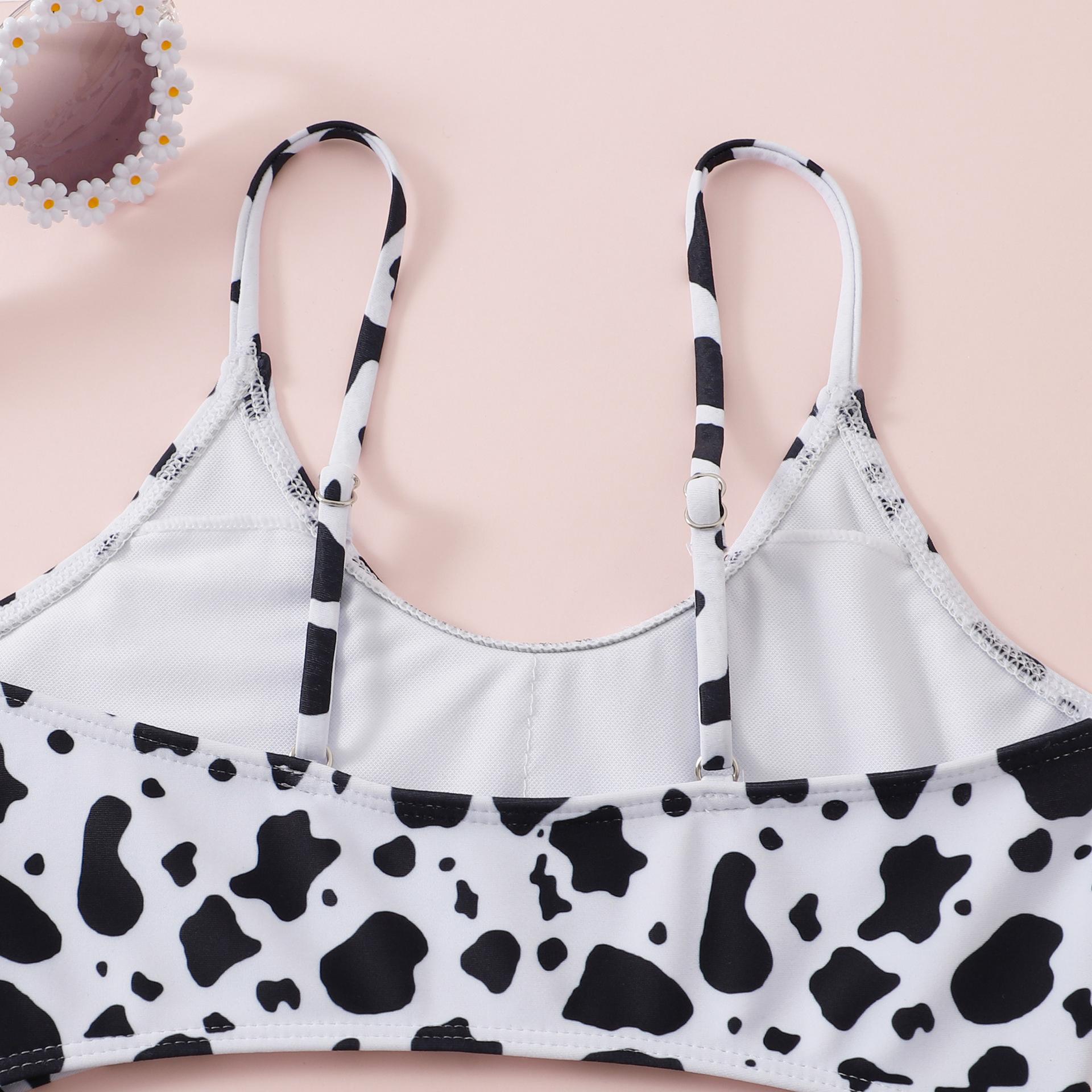 (image for) Girls Cow‑Print Cutout One‑Piece Swimsuit Spaghetti Strap Kids Monokini Bathing Suit 130‑160