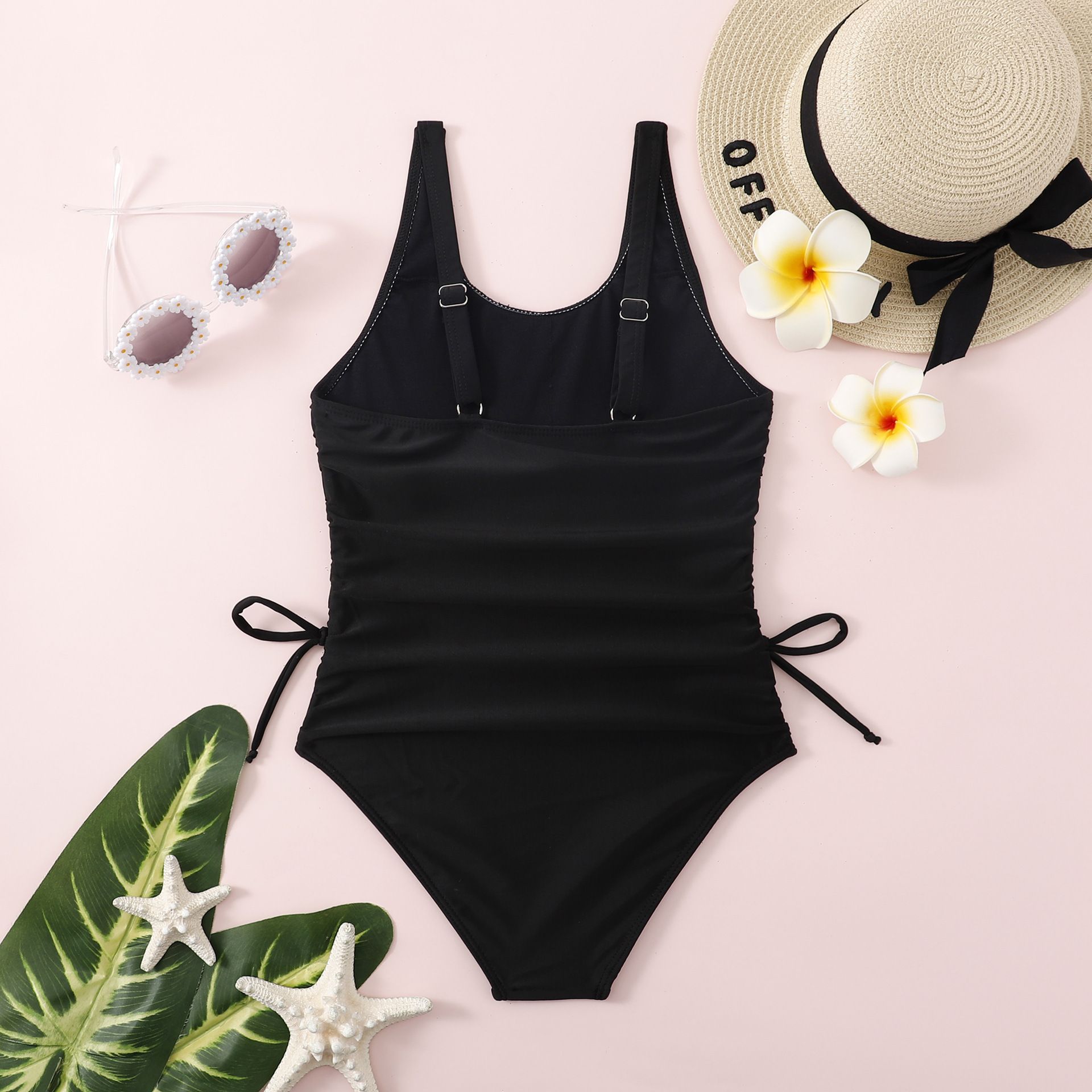 (image for) Girls Solid One‑Piece Swimsuit Side Drawstring Ruched Kids Sleeveless Bathing Suit 130‑160