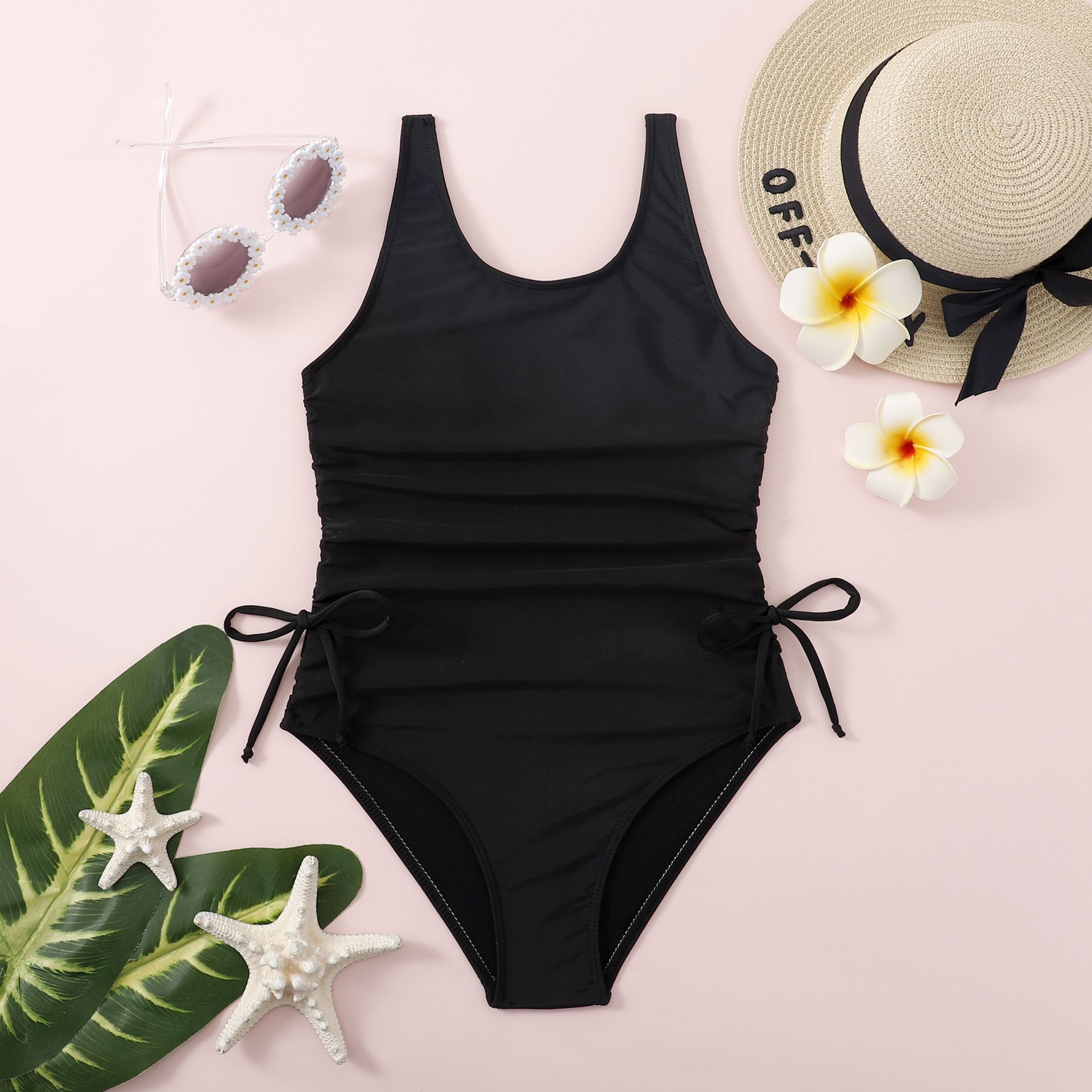 (image for) Girls Solid One‑Piece Swimsuit Side Drawstring Ruched Kids Sleeveless Bathing Suit 130‑160