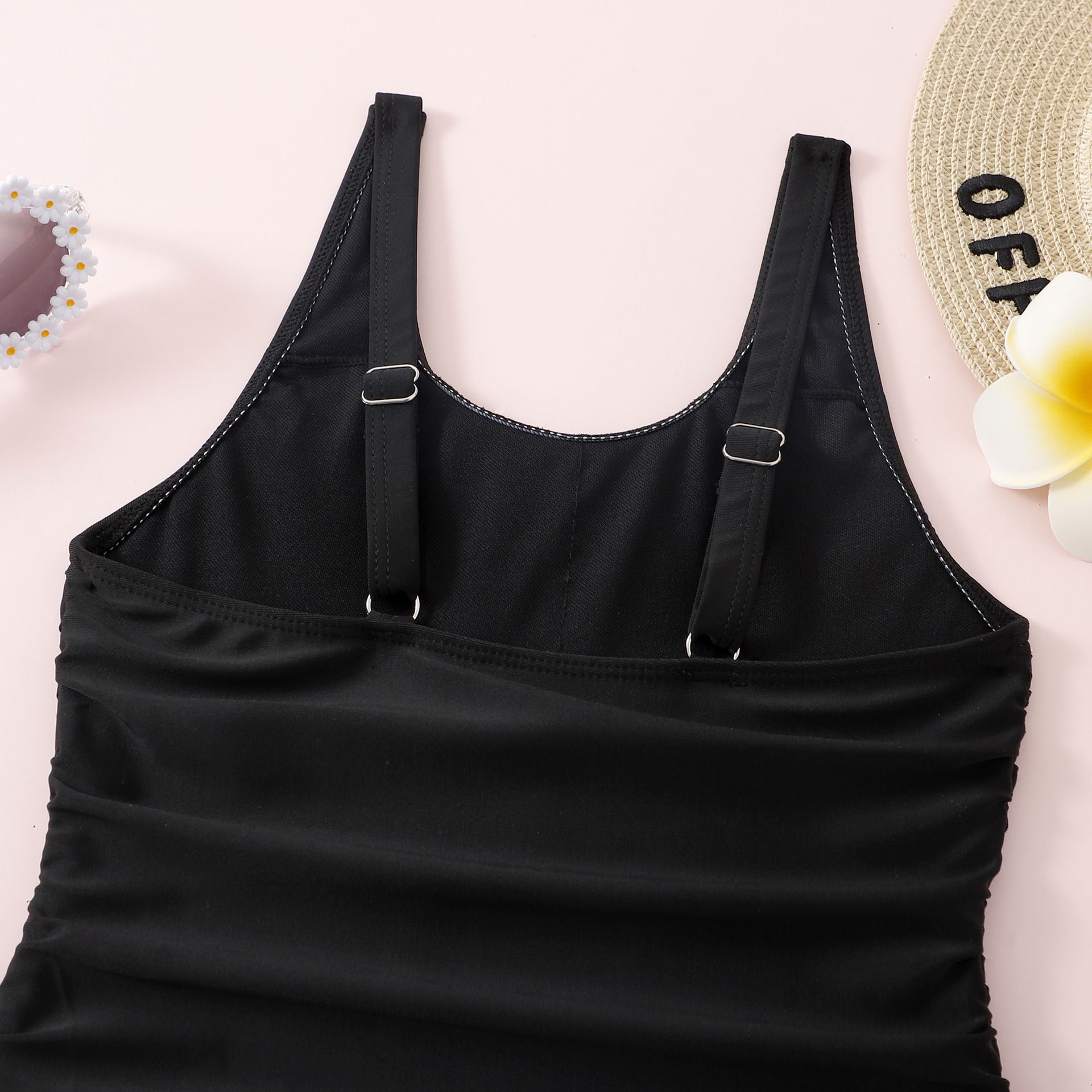 (image for) Girls Solid One‑Piece Swimsuit Side Drawstring Ruched Kids Sleeveless Bathing Suit 130‑160