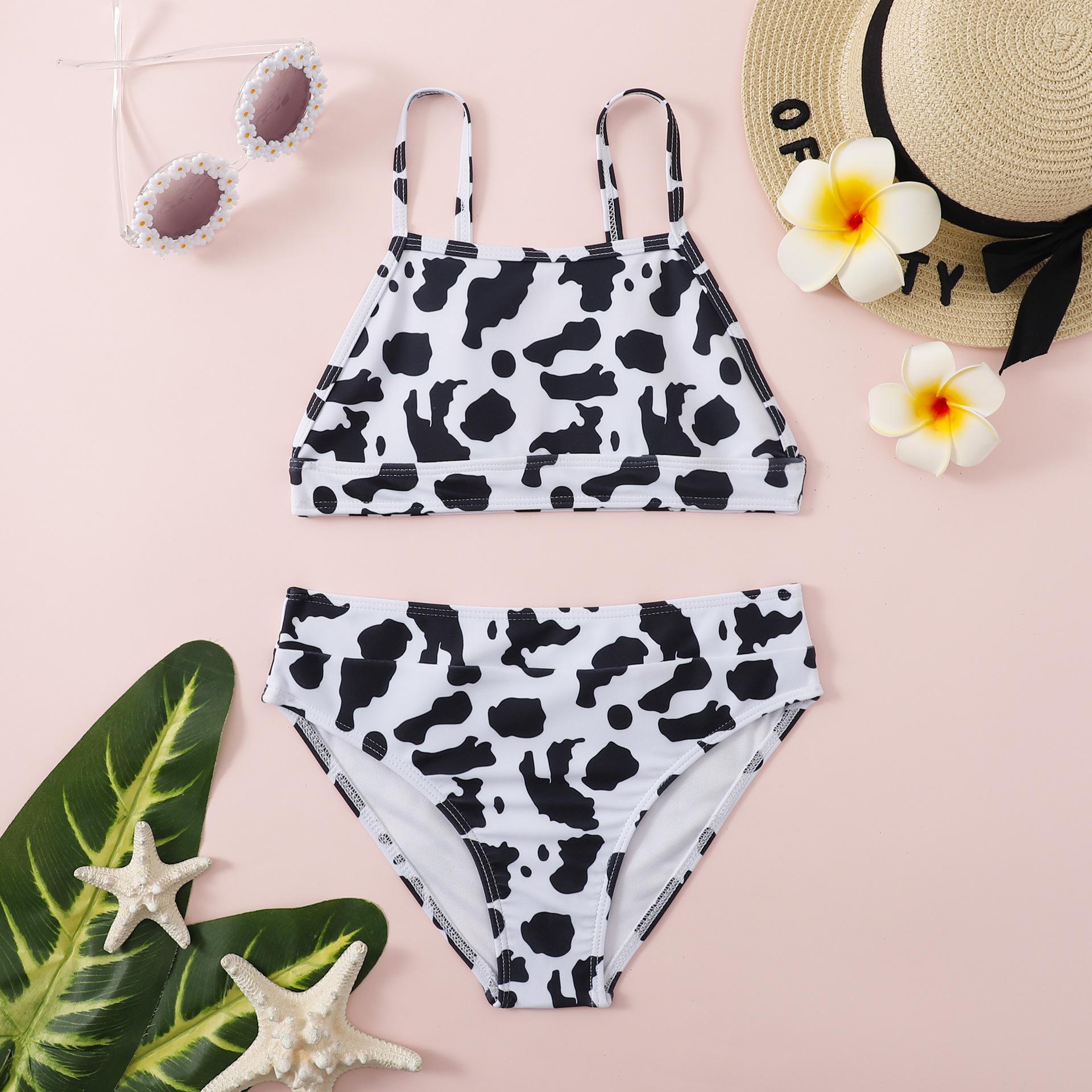 (image for) Girls Two‑Piece Cow Print Bikini Swimsuit Kids Spaghetti Straps Bathing Suit 130‑160