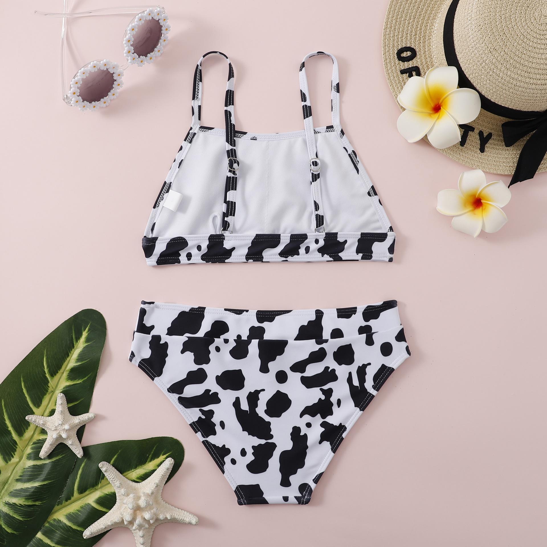 (image for) Girls Two‑Piece Cow Print Bikini Swimsuit Kids Spaghetti Straps Bathing Suit 130‑160