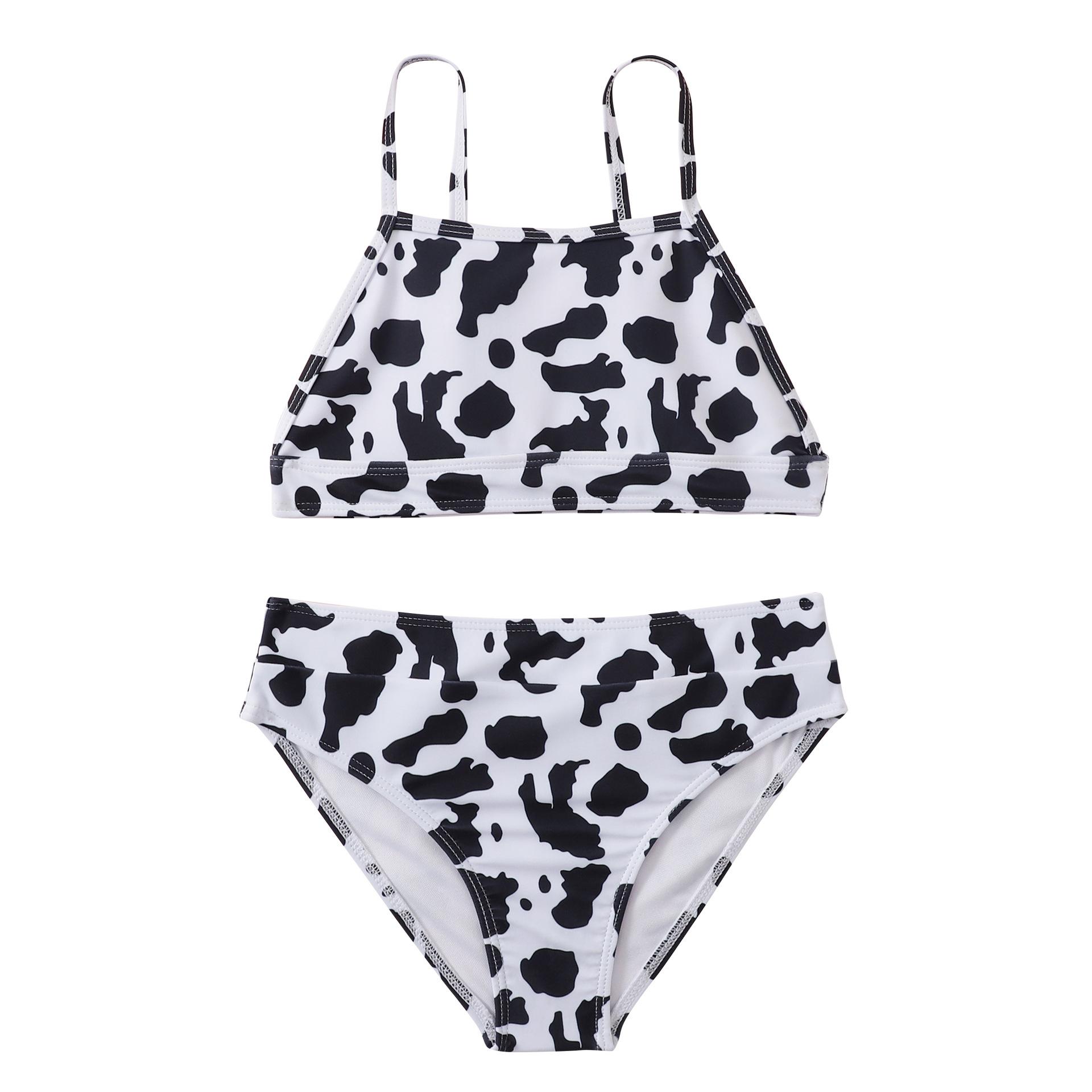 (image for) Girls Two‑Piece Cow Print Bikini Swimsuit Kids Spaghetti Straps Bathing Suit 130‑160