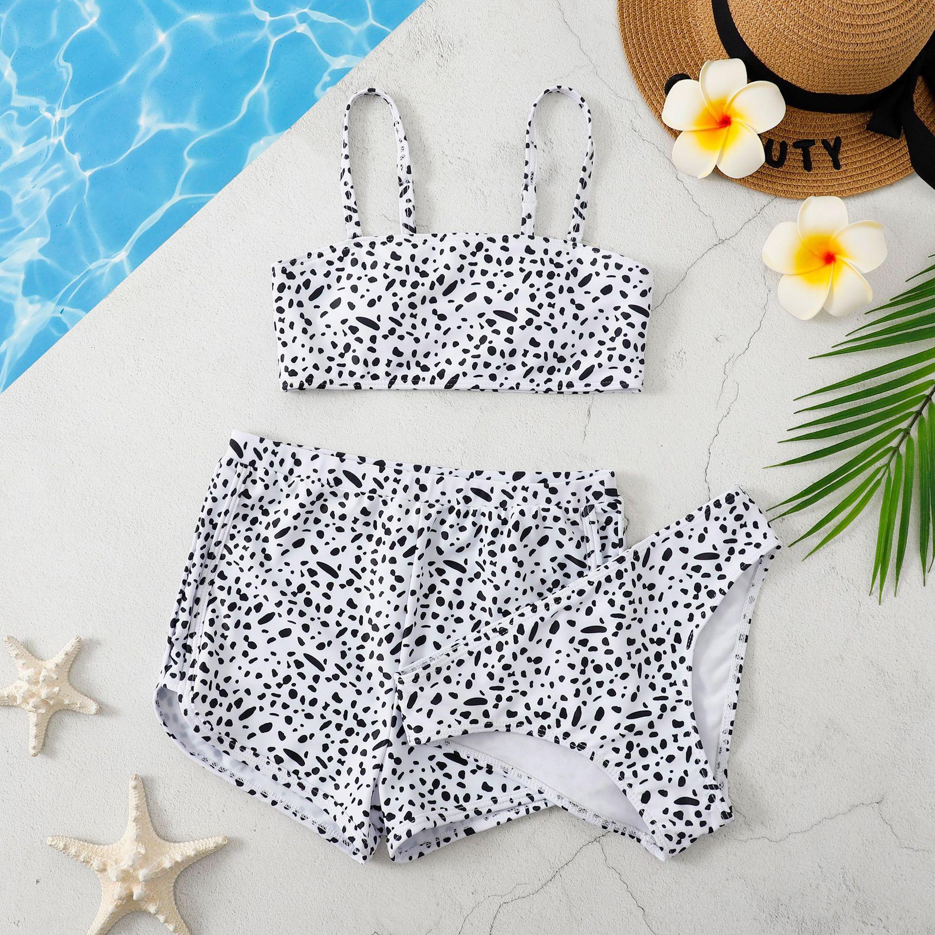 (image for) Girls 3‑Piece Printed Bikini Swimsuit Set Kids Spaghetti Strap Bathing Suit With Shorts 130‑160