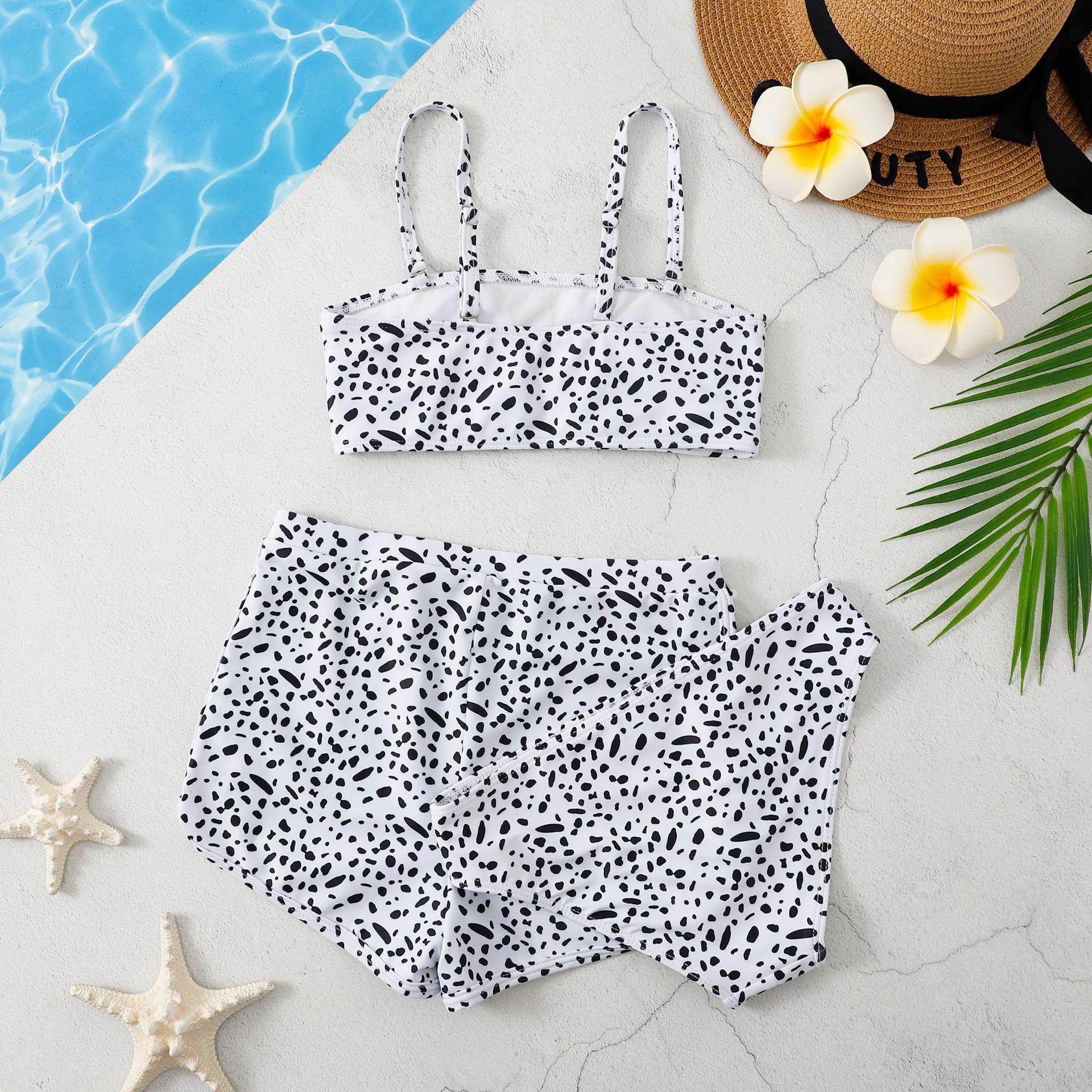 (image for) Girls 3‑Piece Printed Bikini Swimsuit Set Kids Spaghetti Strap Bathing Suit With Shorts 130‑160