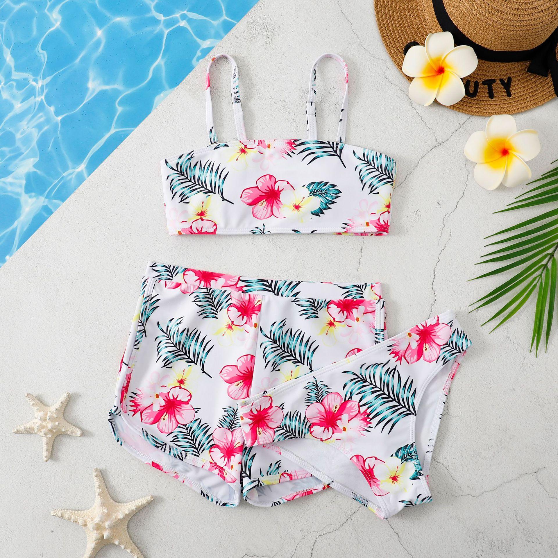 (image for) Girls 3‑Piece Printed Bikini Swimsuit Set Kids Spaghetti Strap Bathing Suit With Shorts 130‑160