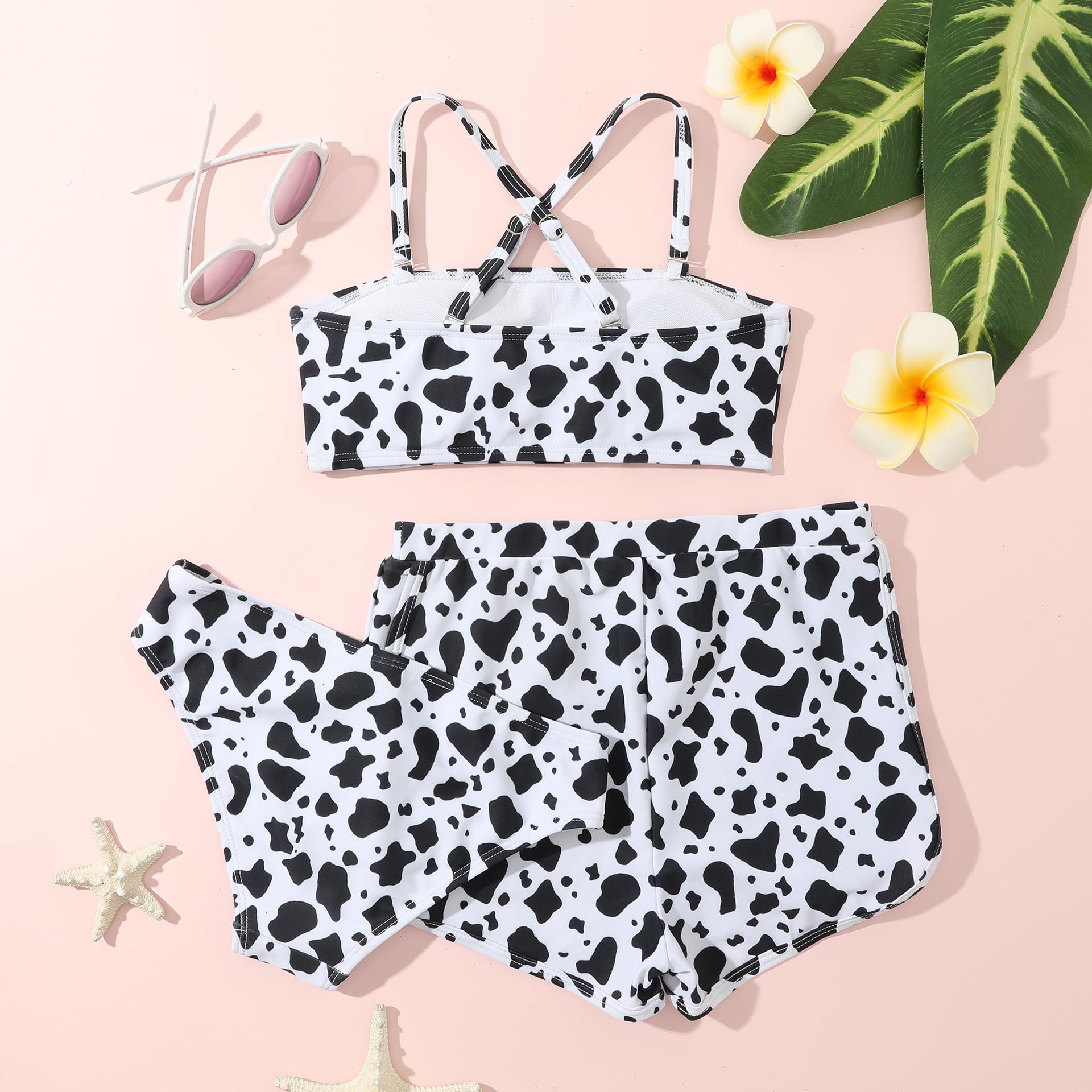 (image for) Girls 3‑Piece Printed Bikini Swimsuit Set Kids Spaghetti Strap Bathing Suit With Shorts 130‑160