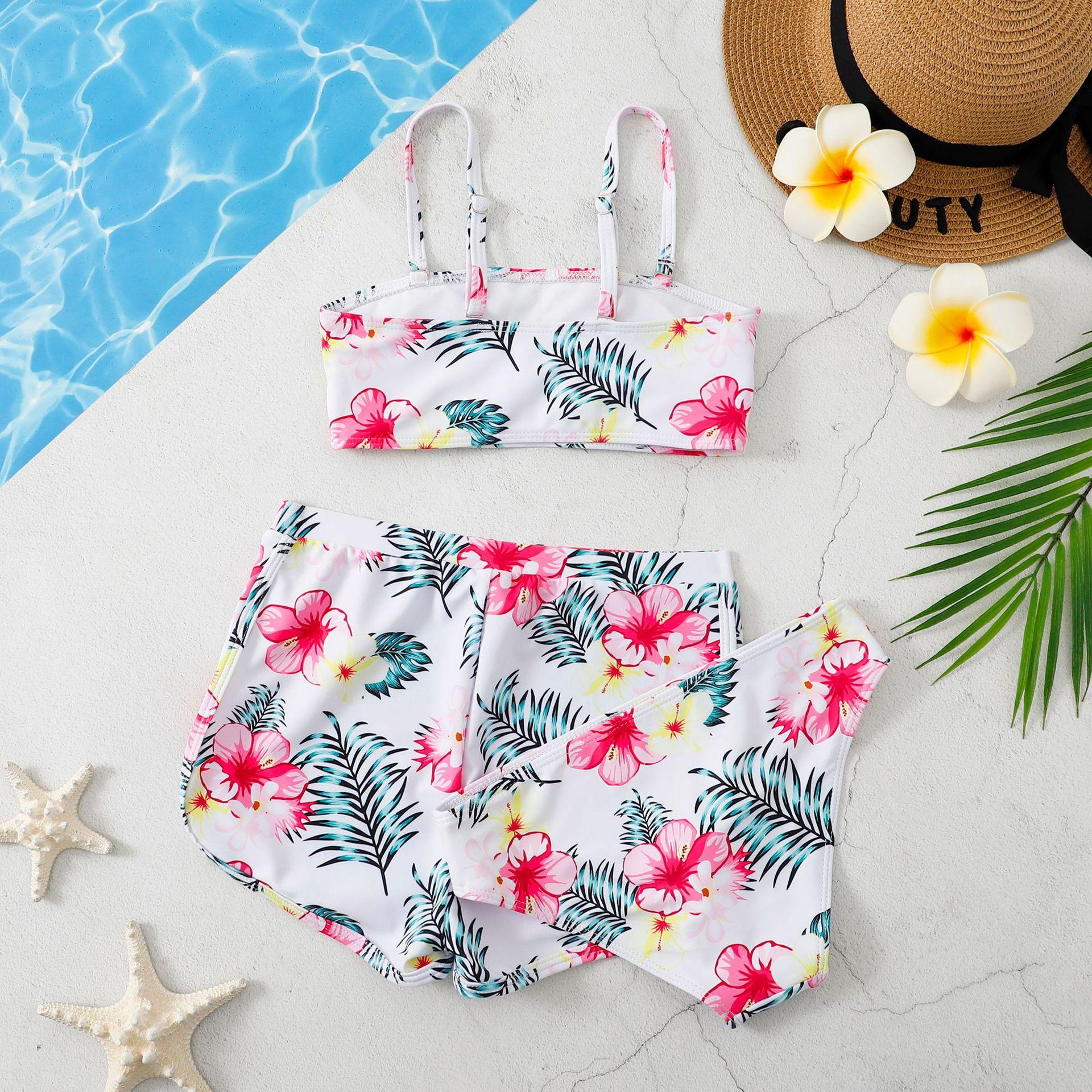 (image for) Girls 3‑Piece Printed Bikini Swimsuit Set Kids Spaghetti Strap Bathing Suit With Shorts 130‑160