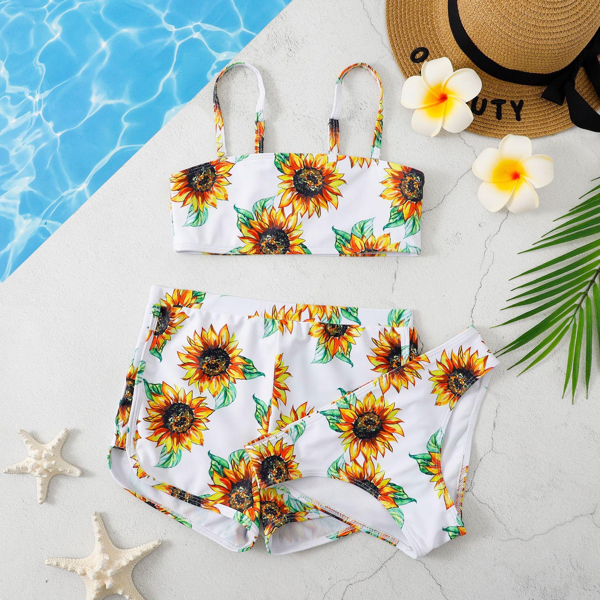 (image for) Girls 3‑Piece Printed Bikini Swimsuit Set Kids Spaghetti Strap Bathing Suit With Shorts 130‑160