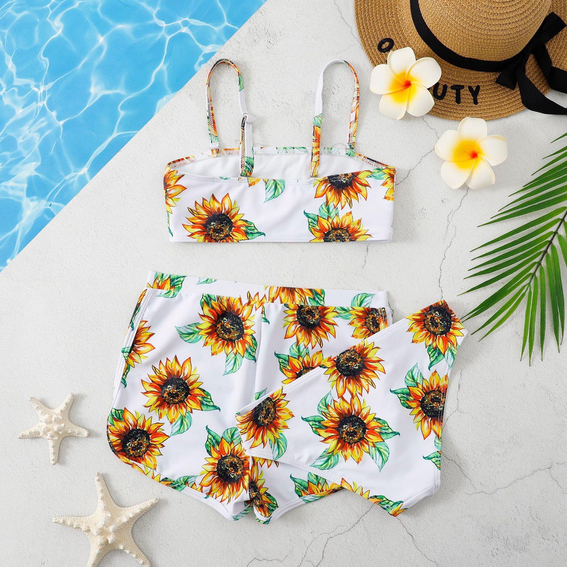 (image for) Girls 3‑Piece Printed Bikini Swimsuit Set Kids Spaghetti Strap Bathing Suit With Shorts 130‑160