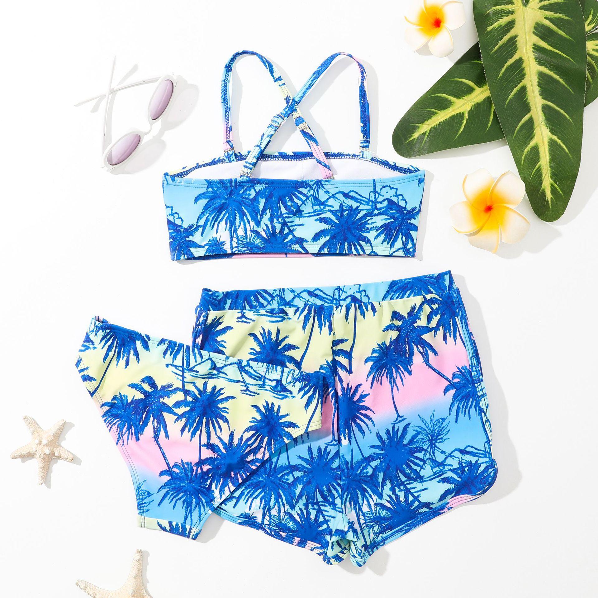 (image for) Girls 3‑Piece Printed Bikini Swimsuit Set Kids Spaghetti Strap Bathing Suit With Shorts 130‑160