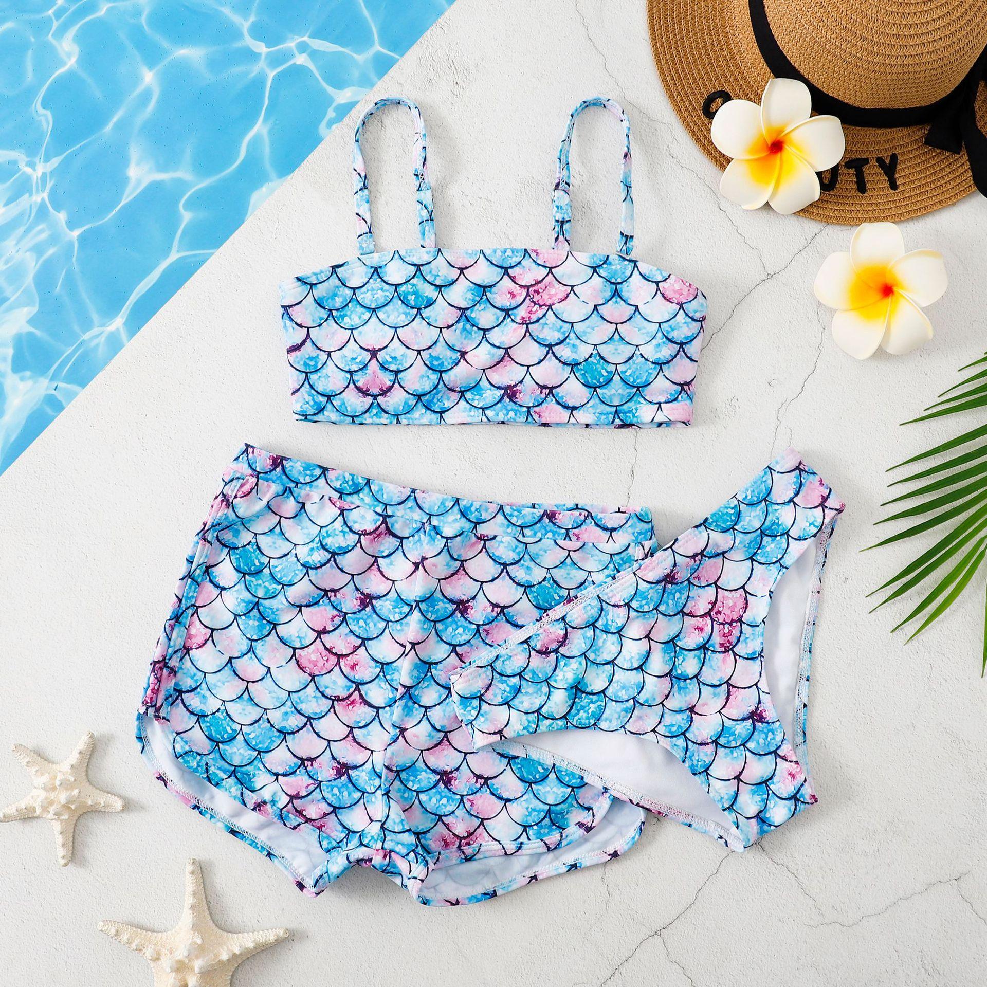 (image for) Girls 3‑Piece Printed Bikini Swimsuit Set Kids Spaghetti Strap Bathing Suit With Shorts 130‑160
