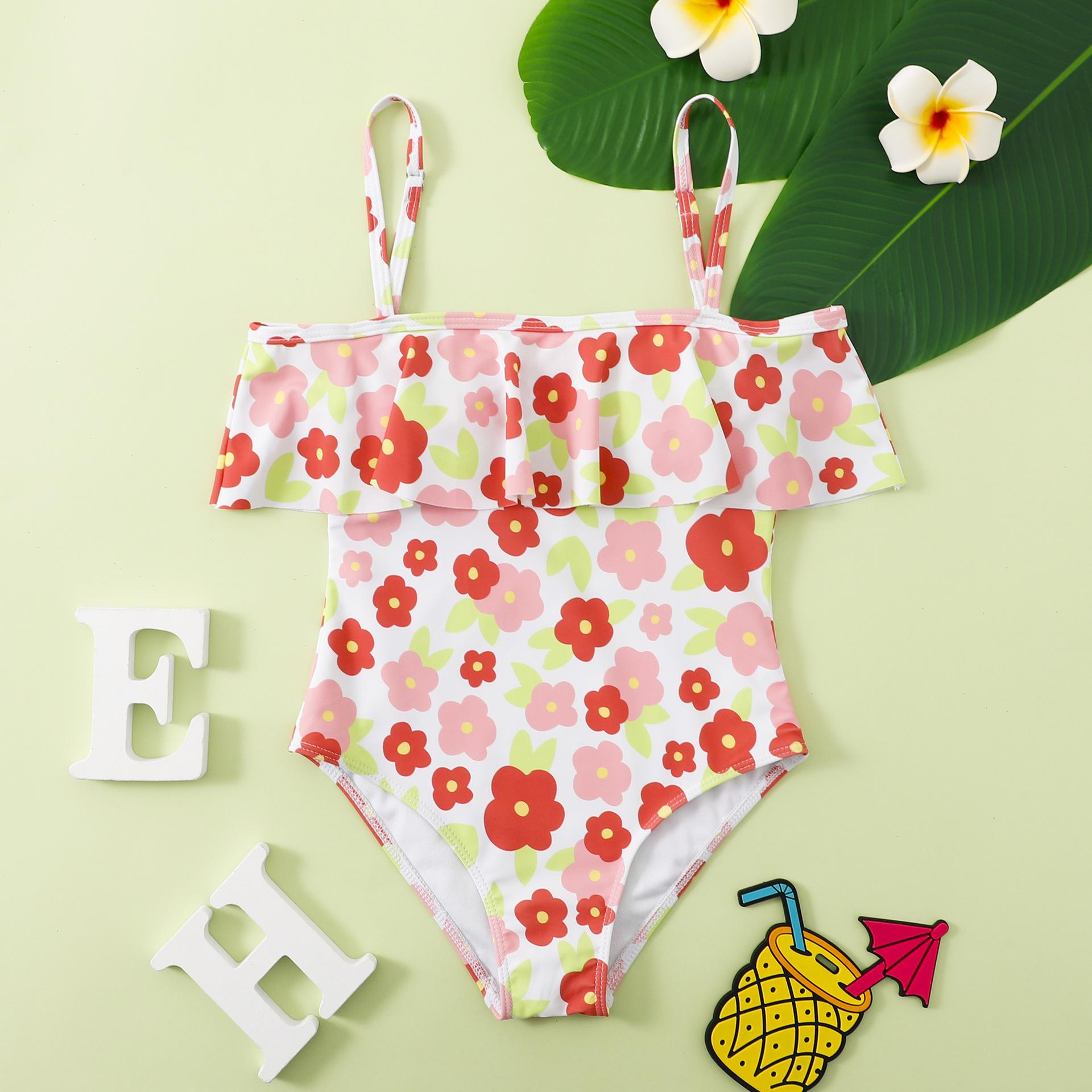 Girls One‑Piece Swimsuit Ruffle Off‑Shoulder Floral Print Kids Bathing Suit 130‑160
