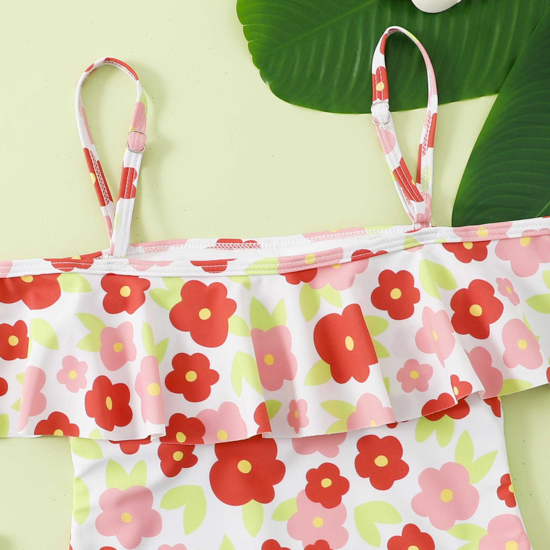 (image for) Girls One‑Piece Swimsuit Ruffle Off‑Shoulder Floral Print Kids Bathing Suit 130‑160