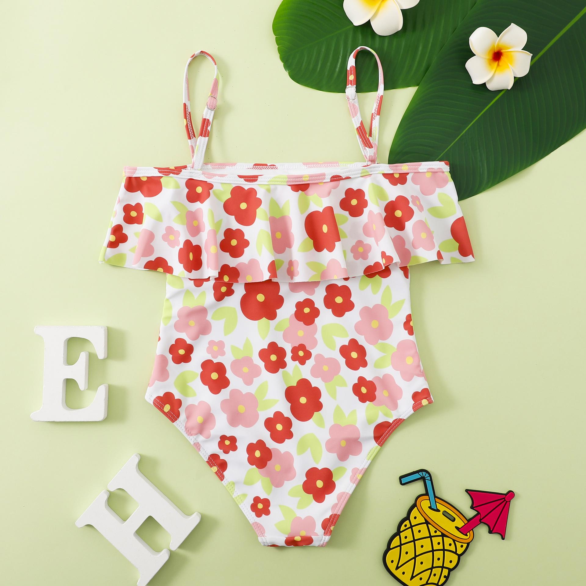 (image for) Girls One‑Piece Swimsuit Ruffle Off‑Shoulder Floral Print Kids Bathing Suit 130‑160