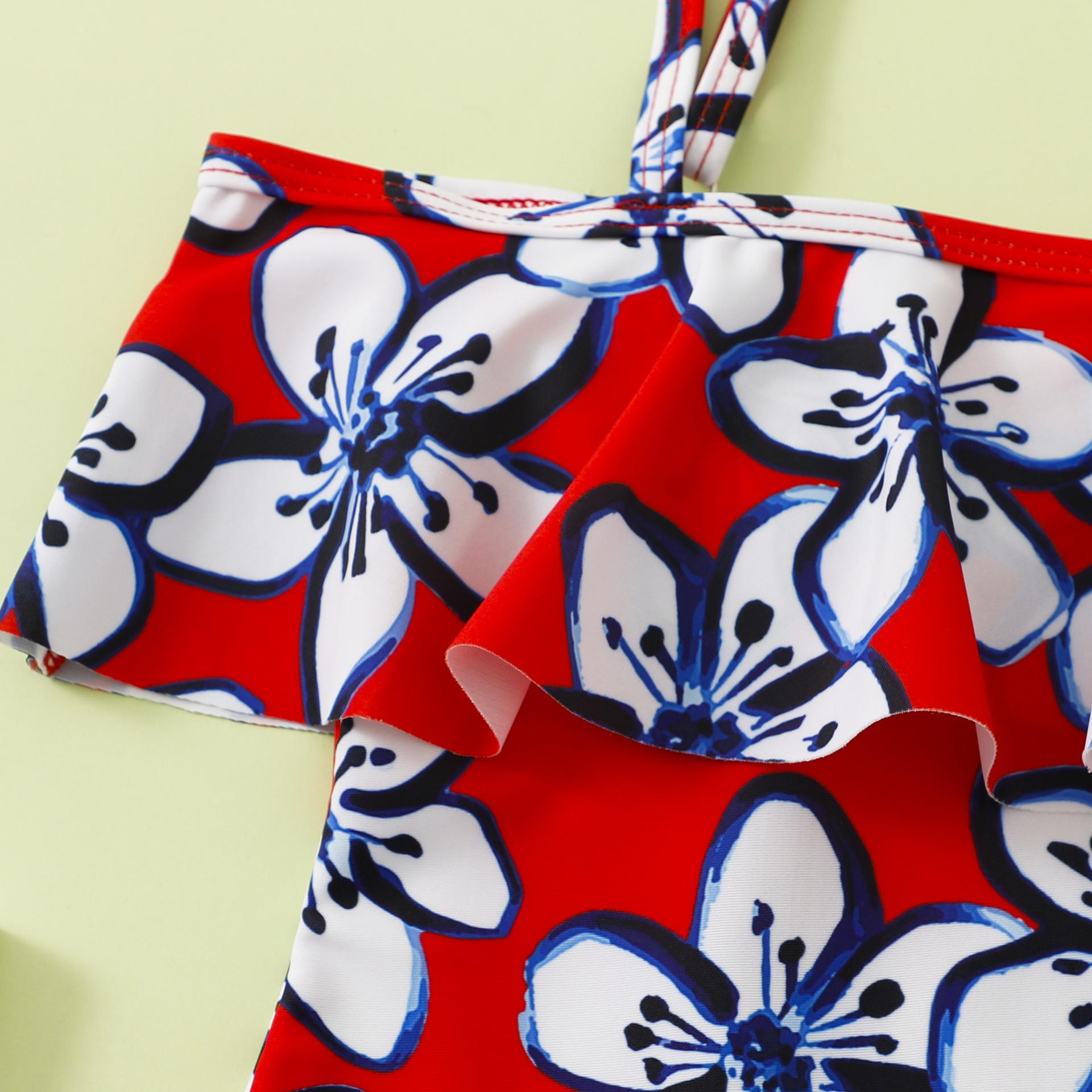 (image for) Girls One‑Piece Swimsuit Ruffle Off‑Shoulder Floral Print Kids Bathing Suit 130‑160