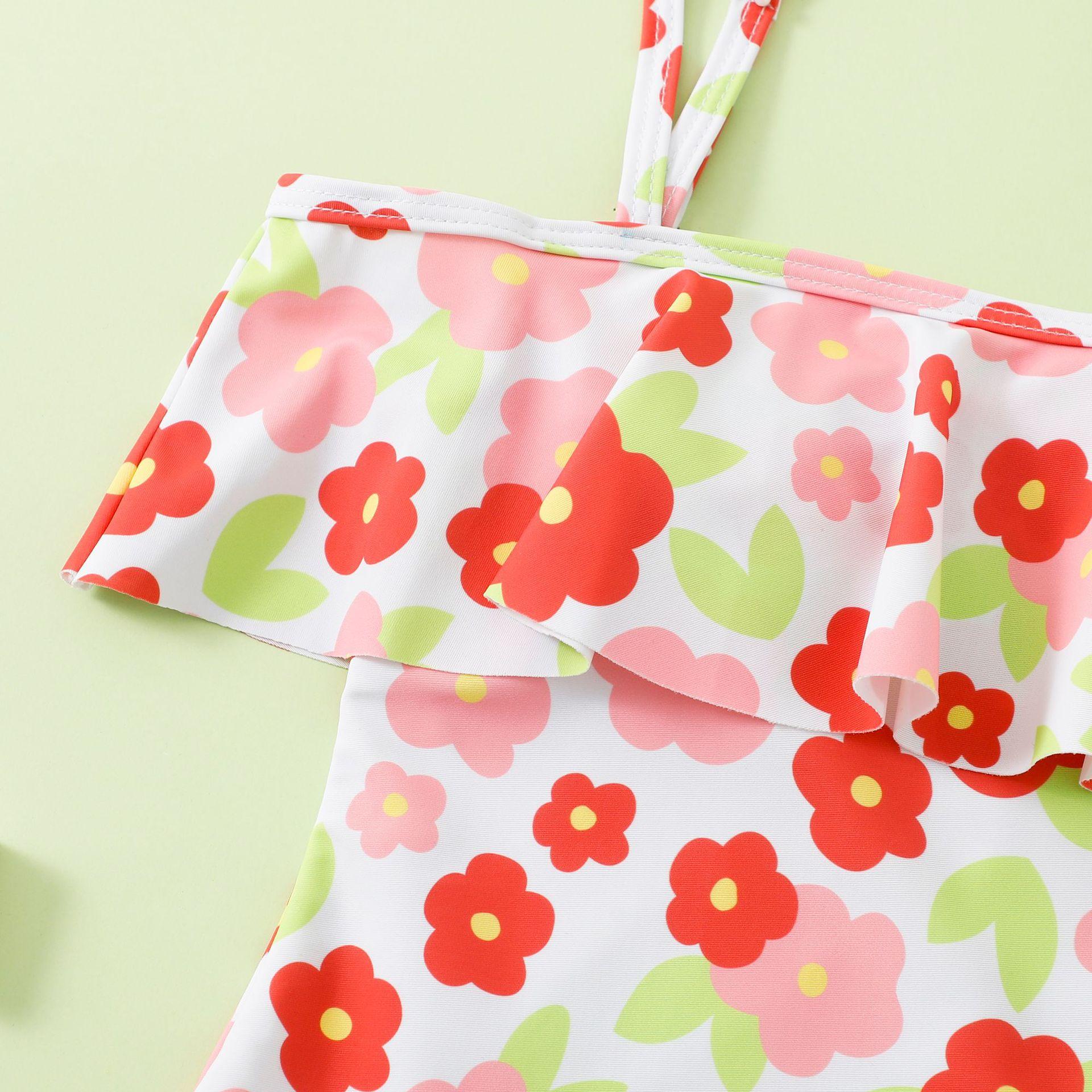 (image for) Girls One‑Piece Swimsuit Ruffle Off‑Shoulder Floral Print Kids Bathing Suit 130‑160