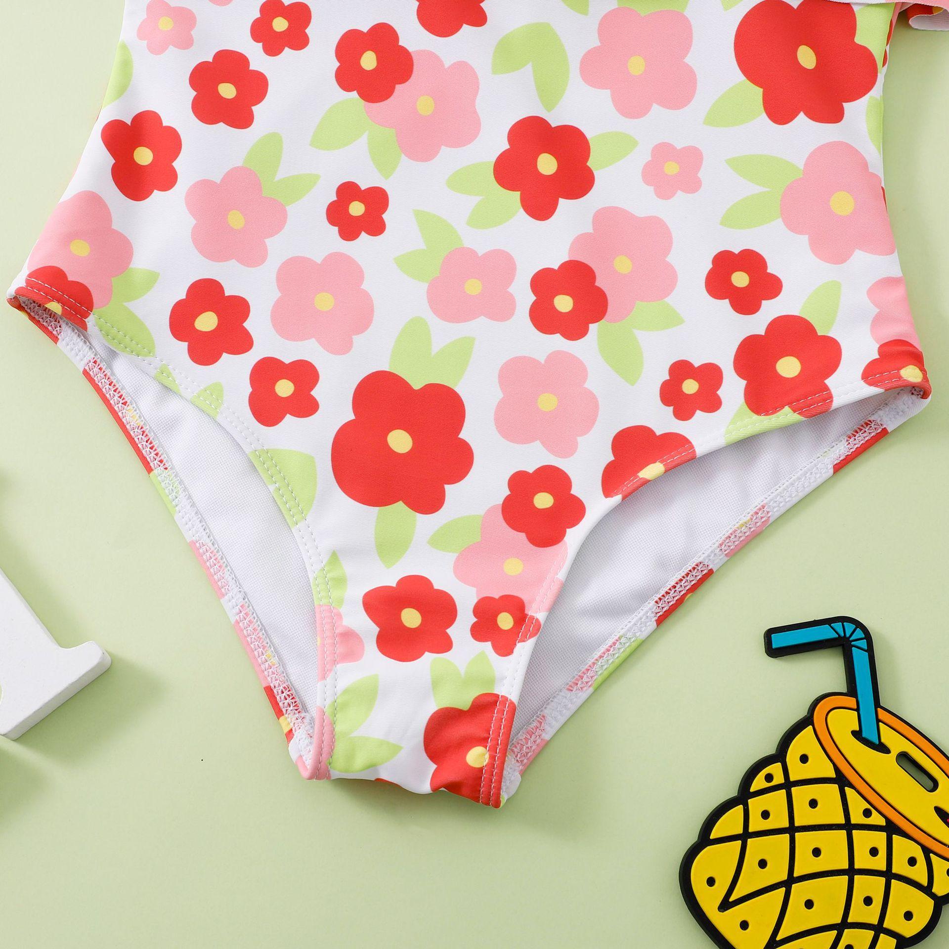 (image for) Girls One‑Piece Swimsuit Ruffle Off‑Shoulder Floral Print Kids Bathing Suit 130‑160