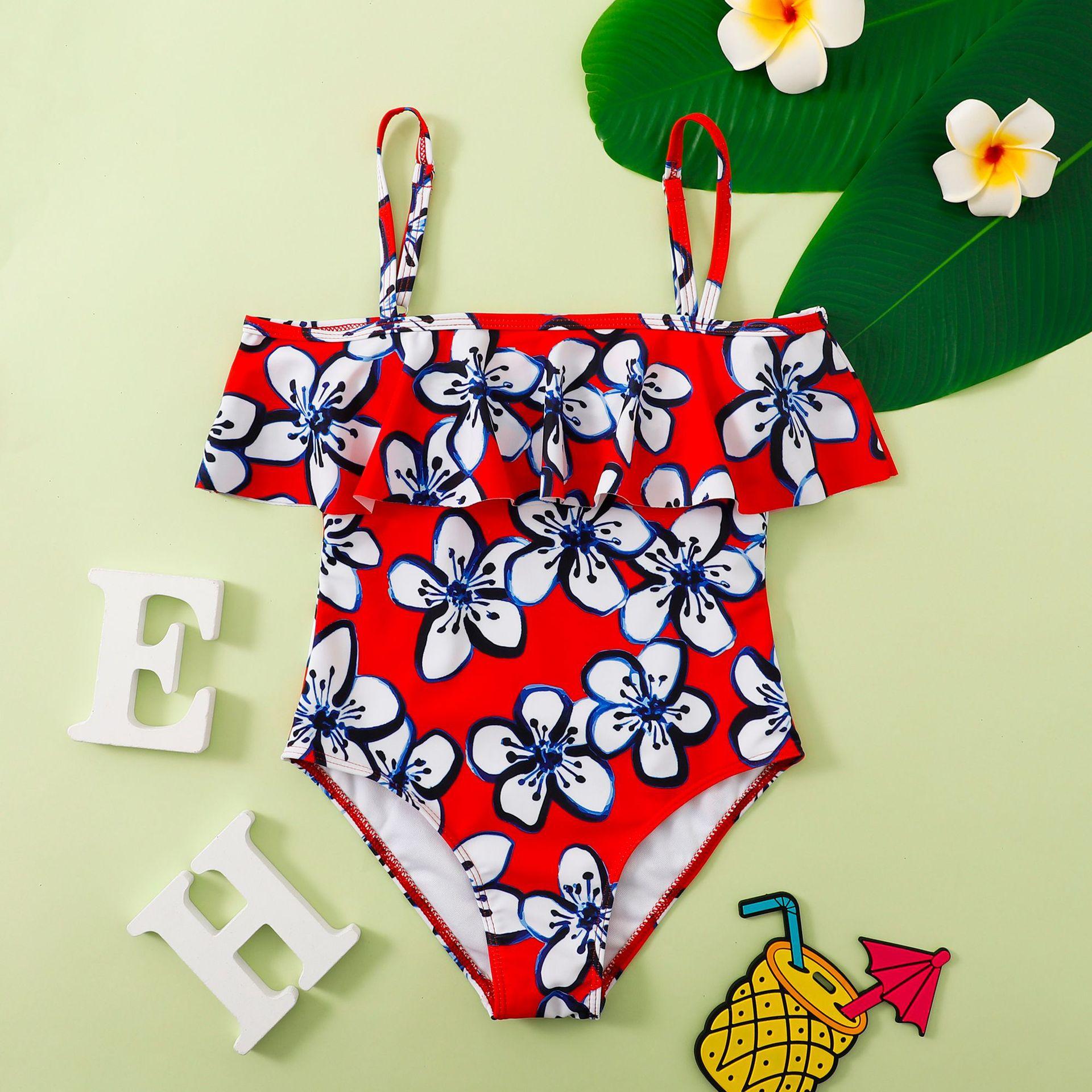 (image for) Girls One‑Piece Swimsuit Ruffle Off‑Shoulder Floral Print Kids Bathing Suit 130‑160
