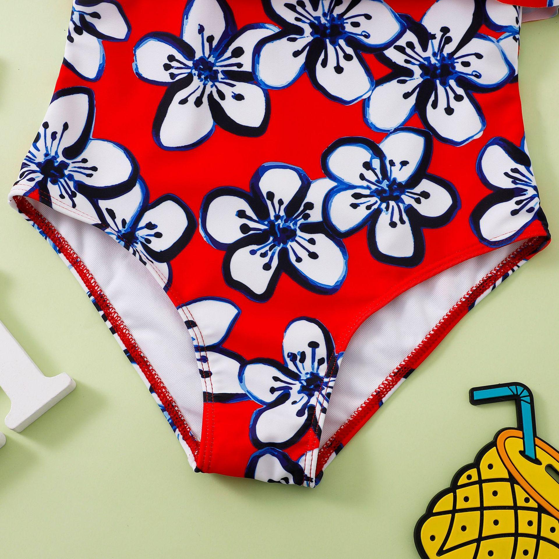 (image for) Girls One‑Piece Swimsuit Ruffle Off‑Shoulder Floral Print Kids Bathing Suit 130‑160