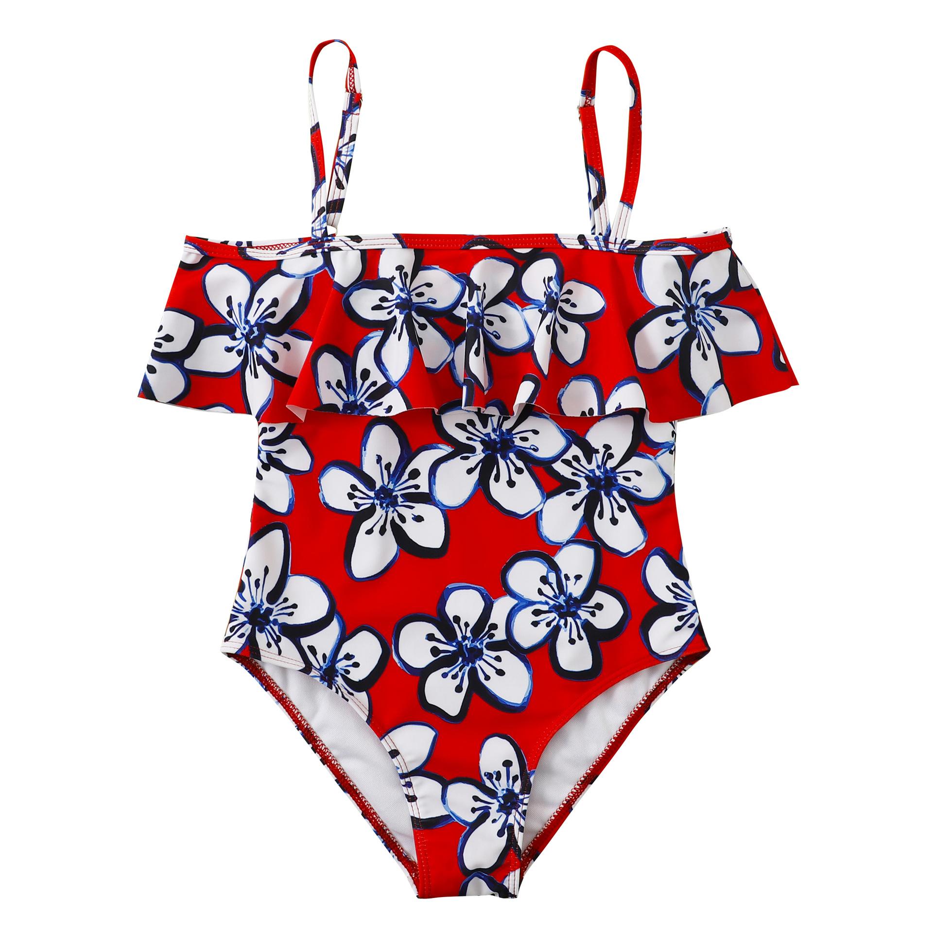(image for) Girls One‑Piece Swimsuit Ruffle Off‑Shoulder Floral Print Kids Bathing Suit 130‑160
