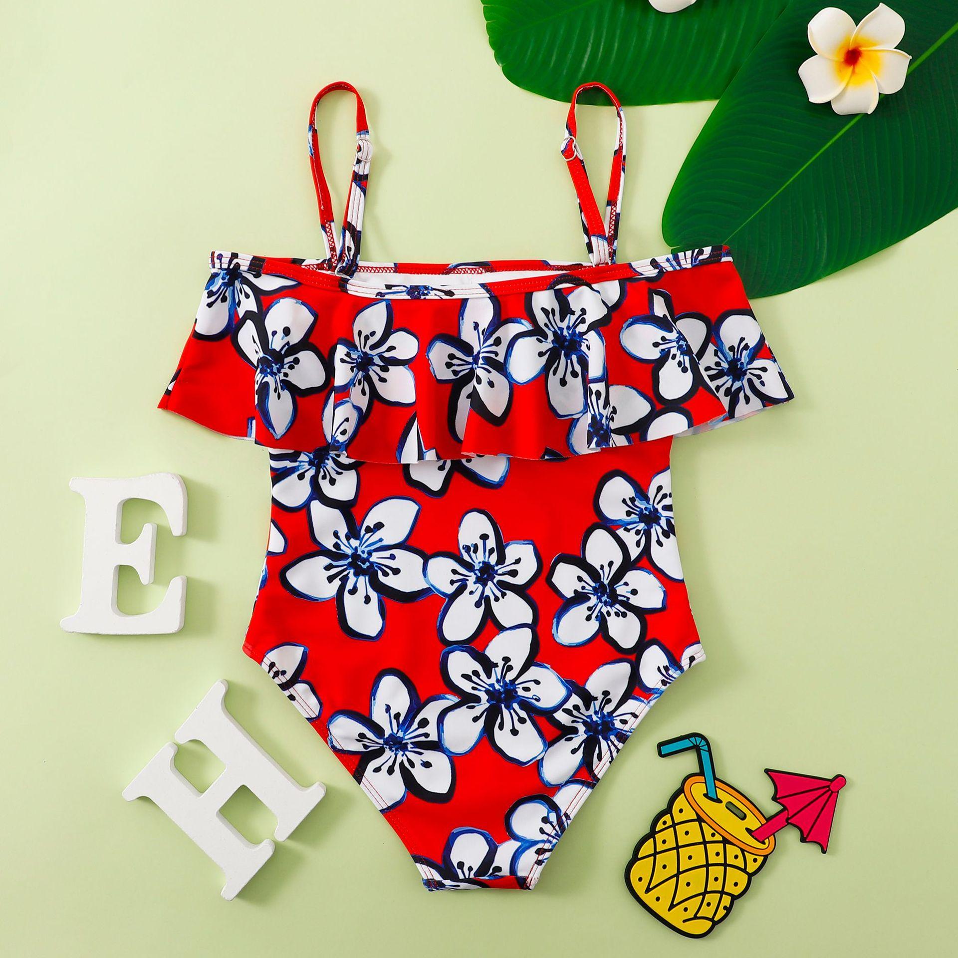 (image for) Girls One‑Piece Swimsuit Ruffle Off‑Shoulder Floral Print Kids Bathing Suit 130‑160