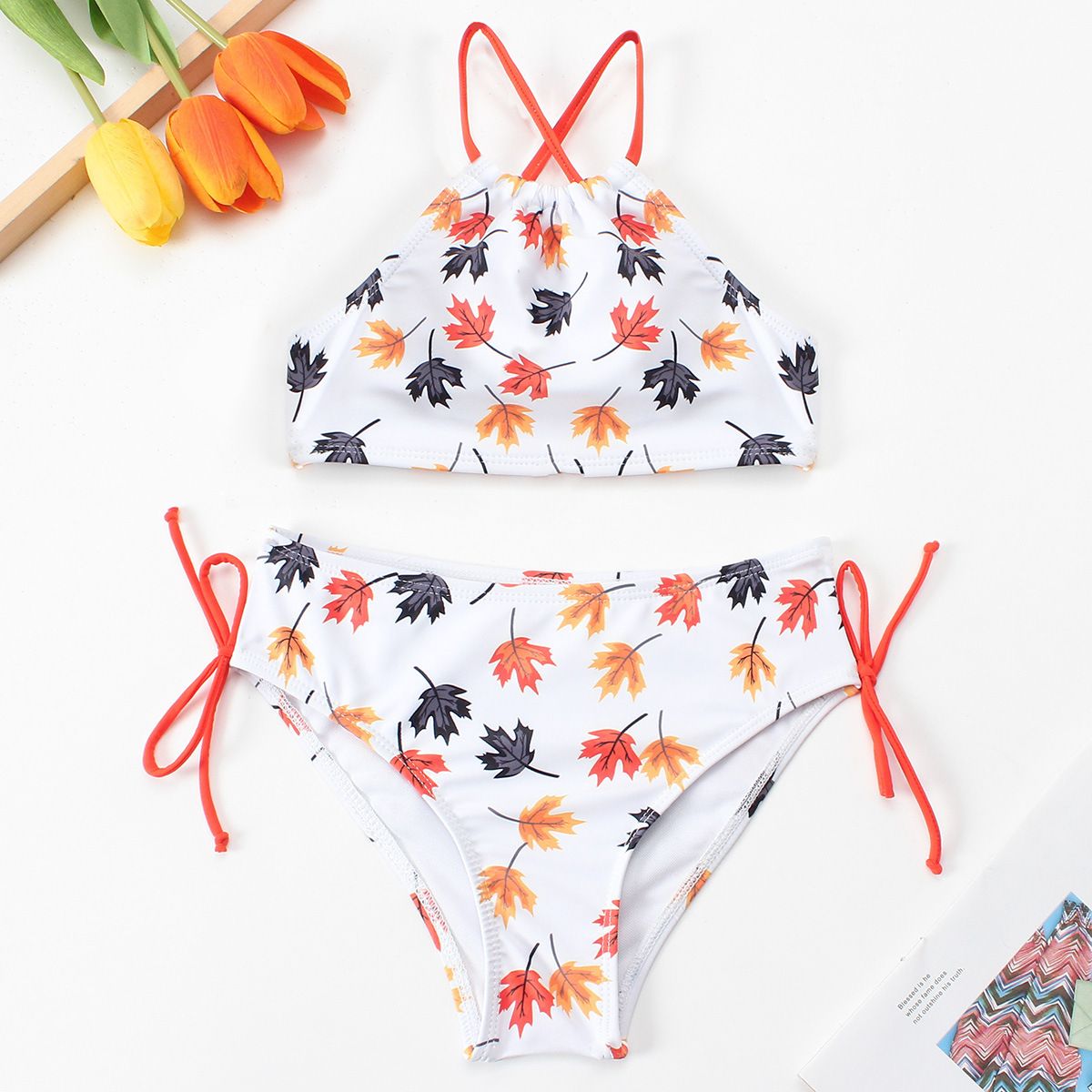 (image for) Girls Floral Halter Bikini Set 2‑Piece Printed Kids Swimsuit Children Bathing Suit 130‑160