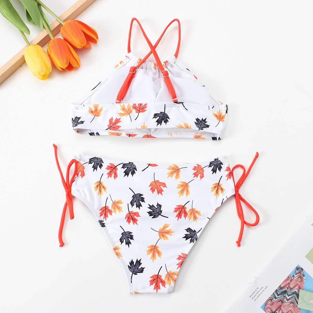 (image for) Girls Floral Halter Bikini Set 2‑Piece Printed Kids Swimsuit Children Bathing Suit 130‑160