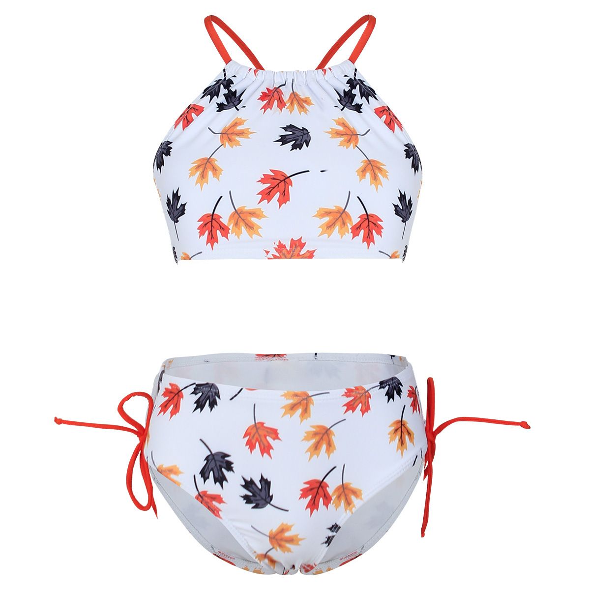 (image for) Girls Floral Print Two‑Piece Bikini Swimsuit Side Tie Kids Bathing Suit Set 130‑160