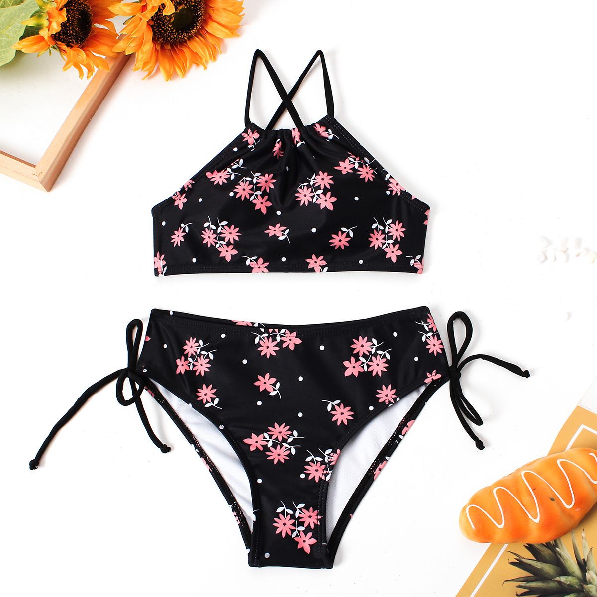 (image for) Girls Floral Print Two‑Piece Bikini Swimsuit Side Tie Kids Bathing Suit Set 130‑160
