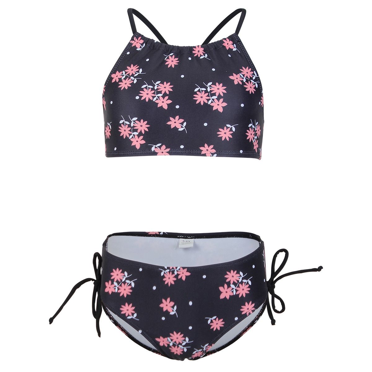 (image for) Girls Floral Print Two‑Piece Bikini Swimsuit Side Tie Kids Bathing Suit Set 130‑160