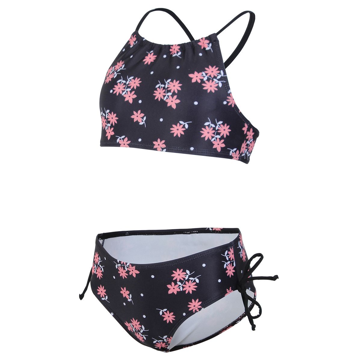 (image for) Girls Floral Print Two‑Piece Bikini Swimsuit Side Tie Kids Bathing Suit Set 130‑160