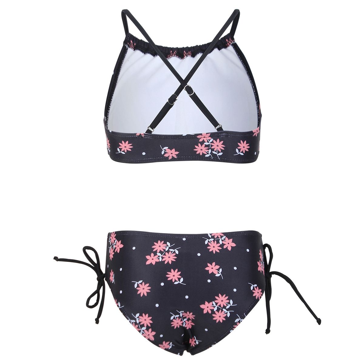 (image for) Girls Floral Print Two‑Piece Bikini Swimsuit Side Tie Kids Bathing Suit Set 130‑160