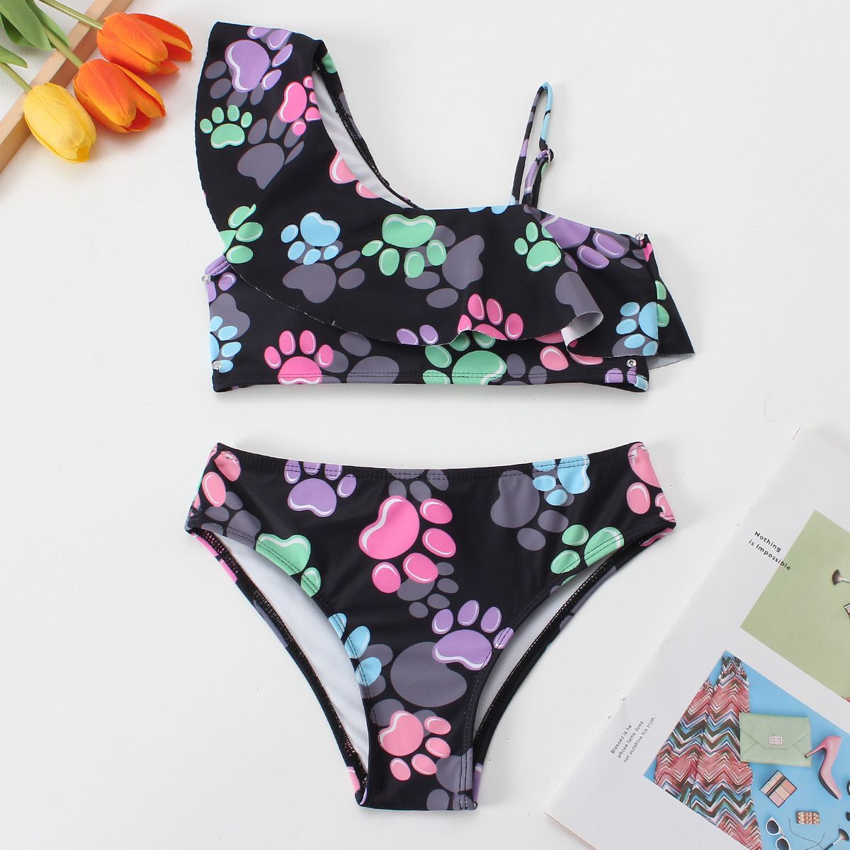 (image for) Girls Cartoon Paw‑Print Two‑Piece Swimsuit One‑Shoulder Ruffle Kids Bikini Set 130‑160