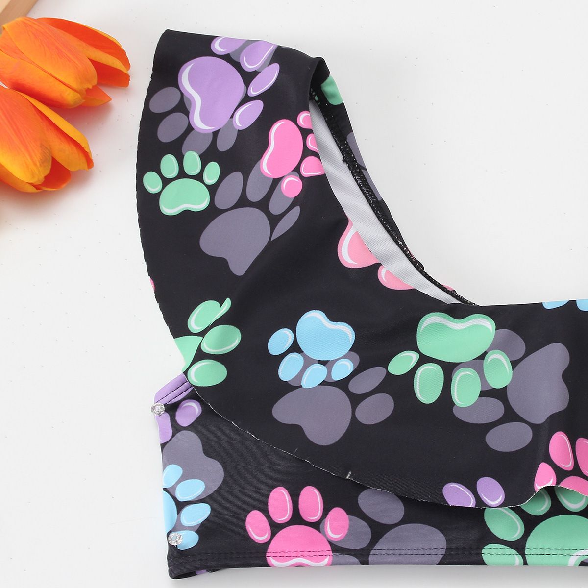 (image for) Girls Cartoon Paw‑Print Two‑Piece Swimsuit One‑Shoulder Ruffle Kids Bikini Set 130‑160