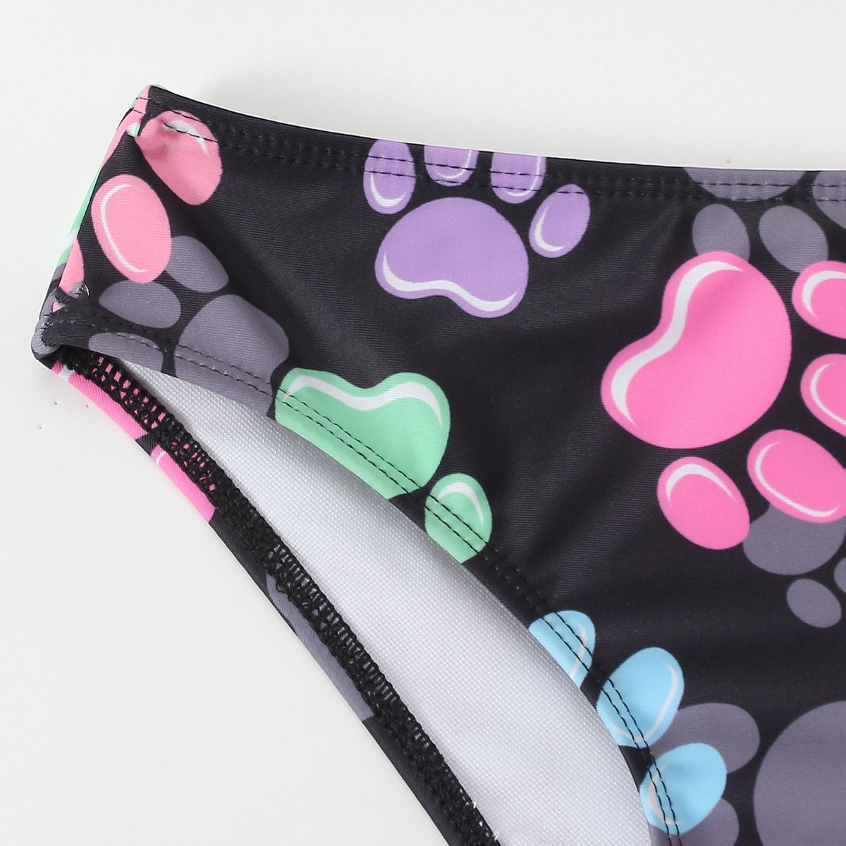 (image for) Girls Cartoon Paw‑Print Two‑Piece Swimsuit One‑Shoulder Ruffle Kids Bikini Set 130‑160