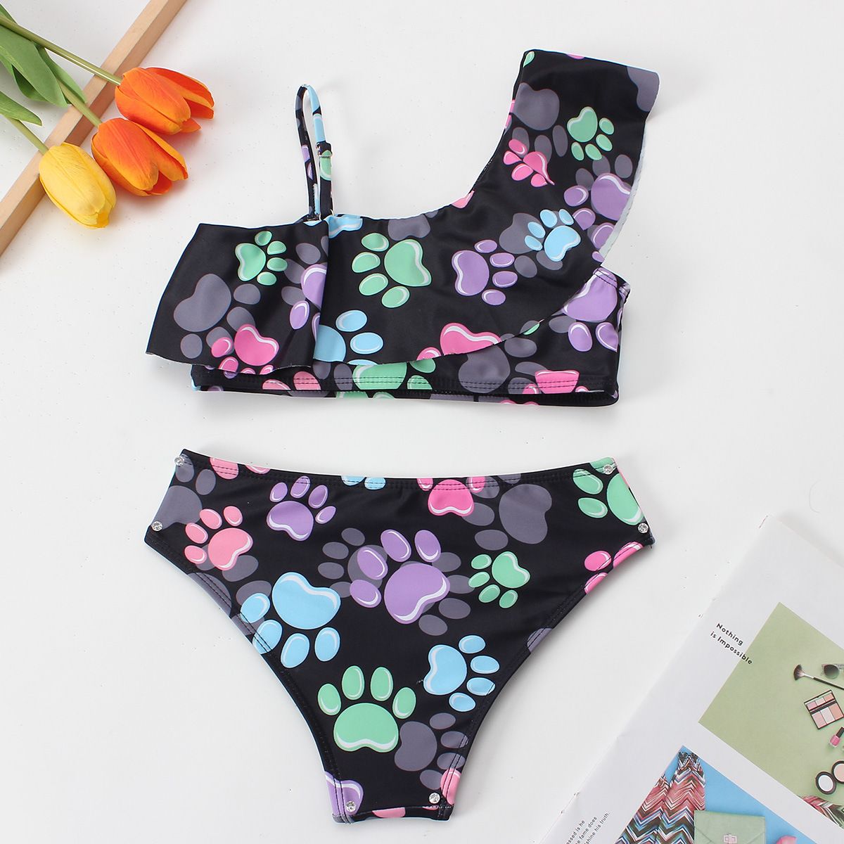 (image for) Girls Cartoon Paw‑Print Two‑Piece Swimsuit One‑Shoulder Ruffle Kids Bikini Set 130‑160
