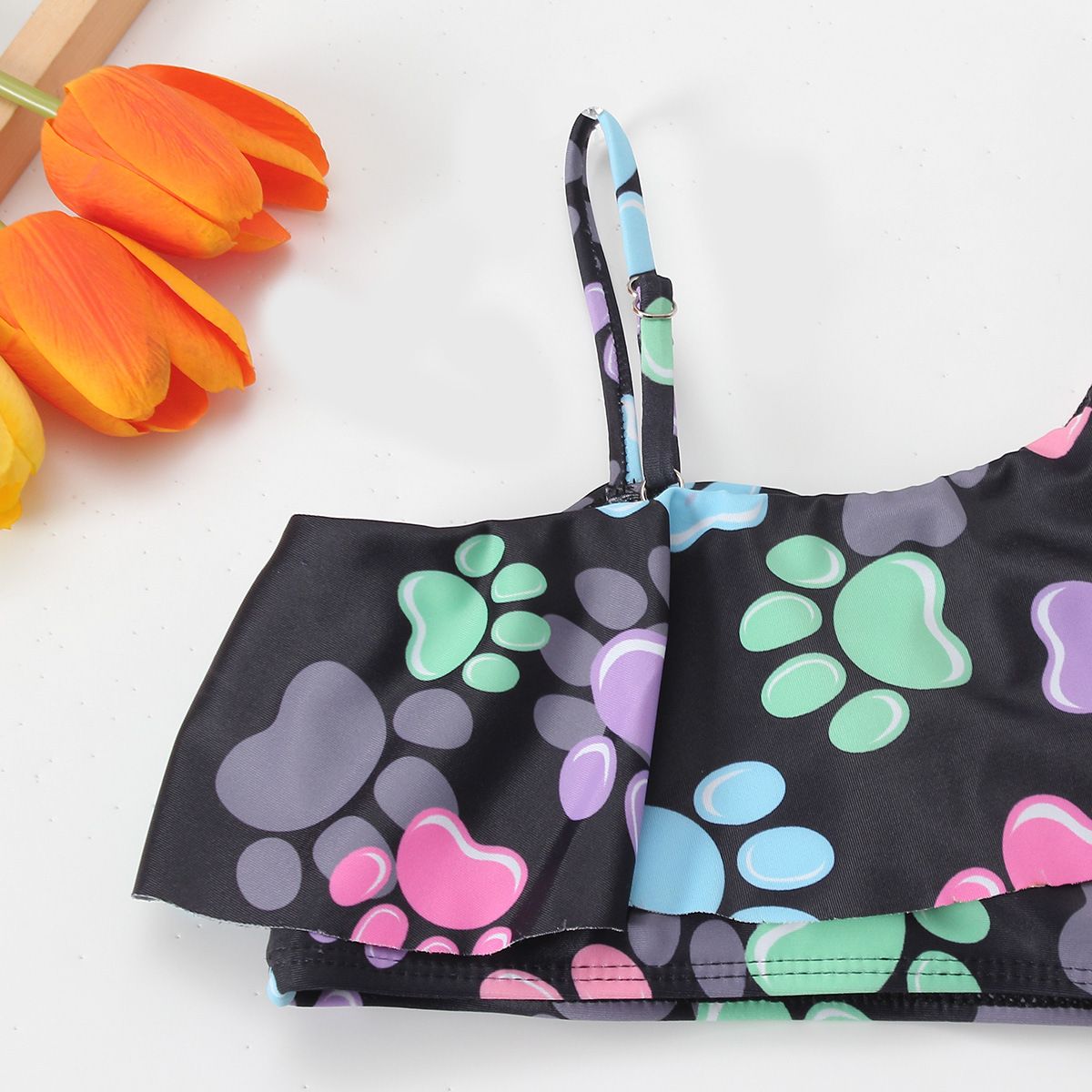 (image for) Girls Cartoon Paw‑Print Two‑Piece Swimsuit One‑Shoulder Ruffle Kids Bikini Set 130‑160