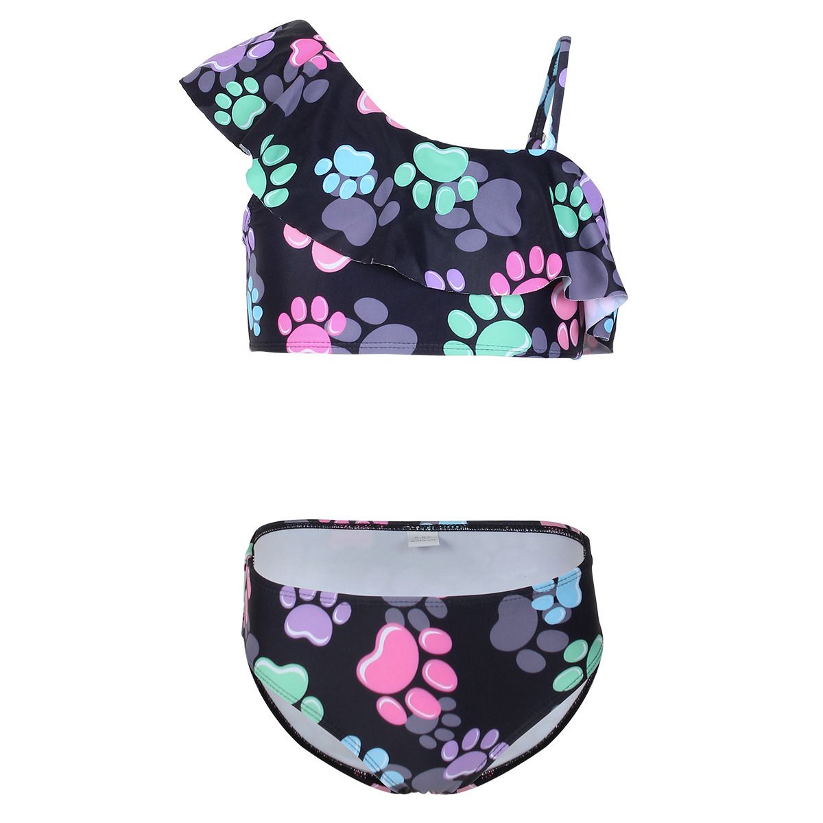 (image for) Girls Cartoon Paw‑Print Two‑Piece Swimsuit One‑Shoulder Ruffle Kids Bikini Set 130‑160