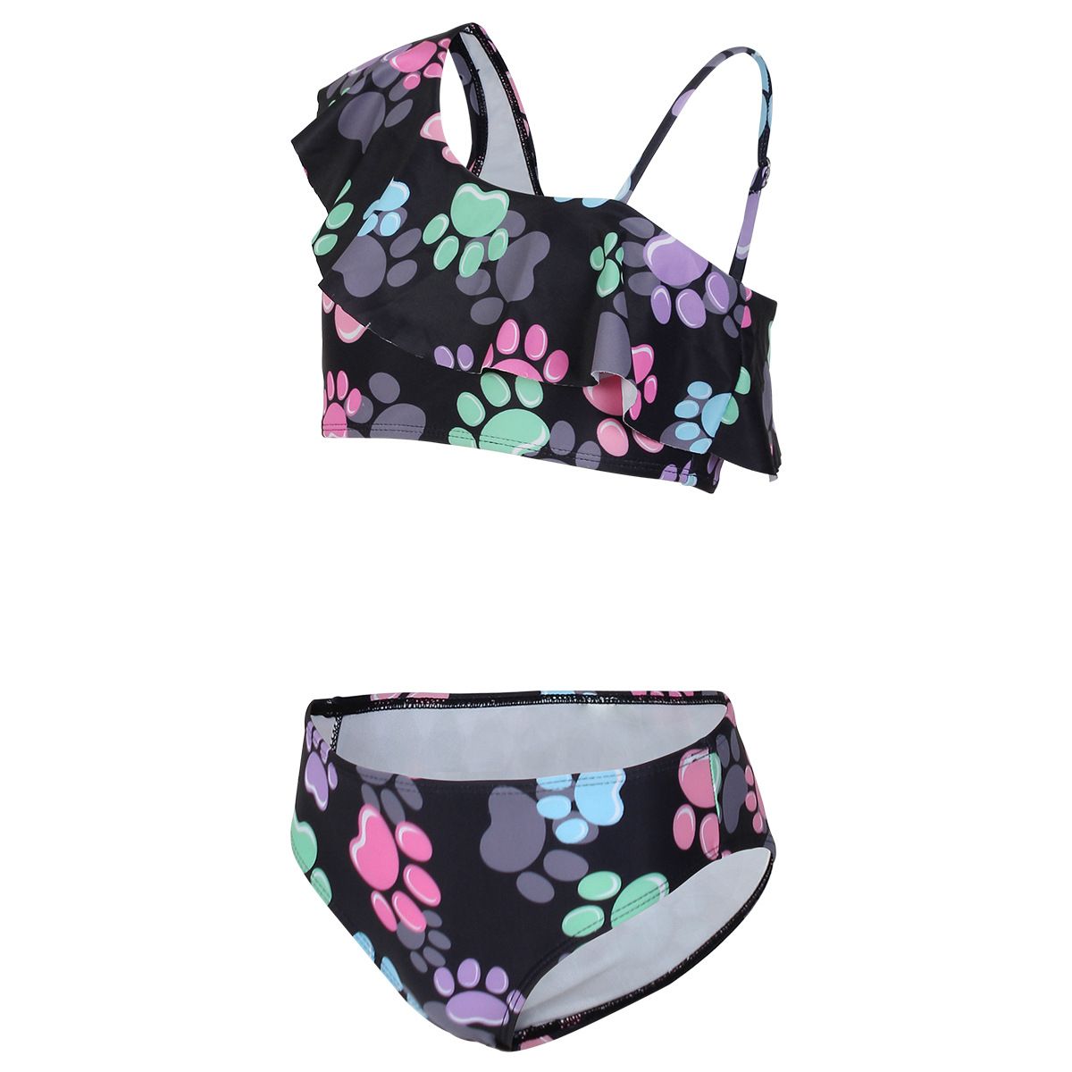 (image for) Girls Cartoon Paw‑Print Two‑Piece Swimsuit One‑Shoulder Ruffle Kids Bikini Set 130‑160