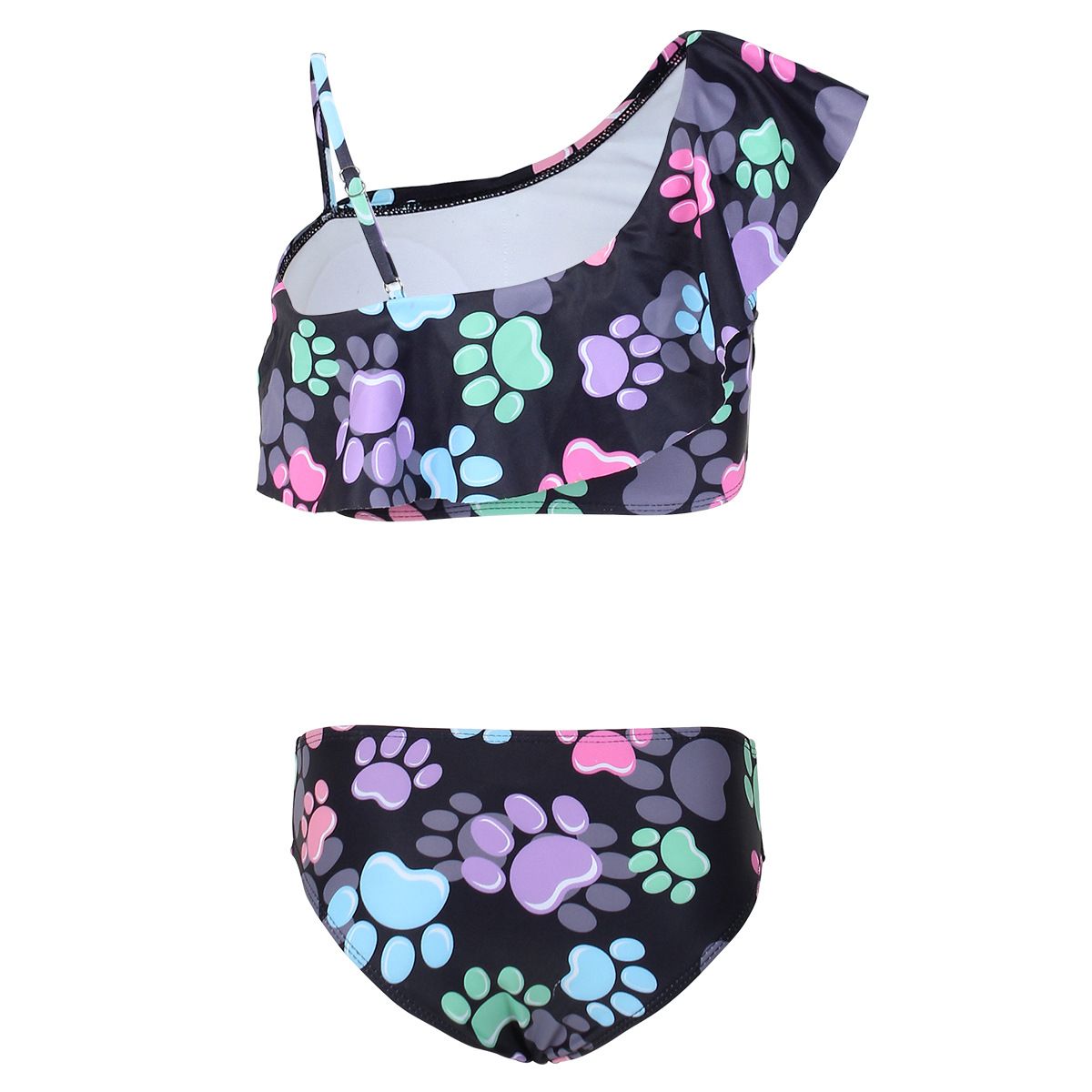 (image for) Girls Cartoon Paw‑Print Two‑Piece Swimsuit One‑Shoulder Ruffle Kids Bikini Set 130‑160