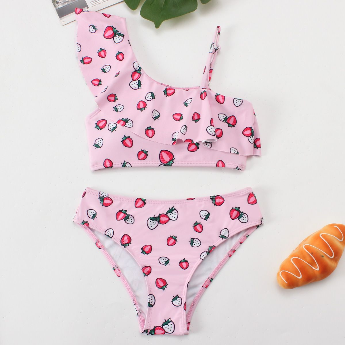 (image for) Girls Cartoon Paw‑Print Two‑Piece Swimsuit One‑Shoulder Ruffle Kids Bikini Set 130‑160